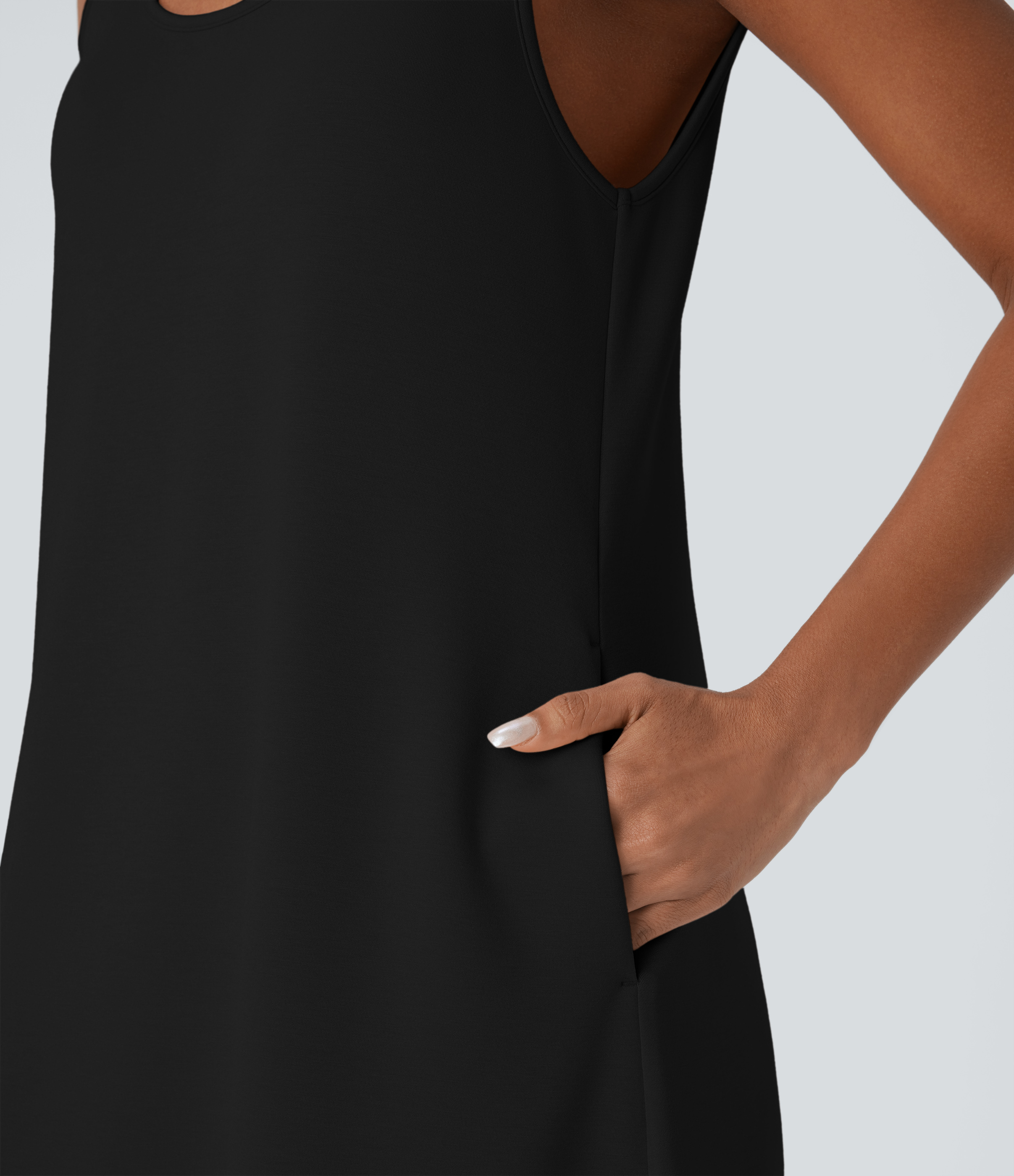 Halara Backless Side Pockets Barrel Midi Resort Tank Dress Casual Dress - Black - XS slip dress beach dress ruched dress halter dress 