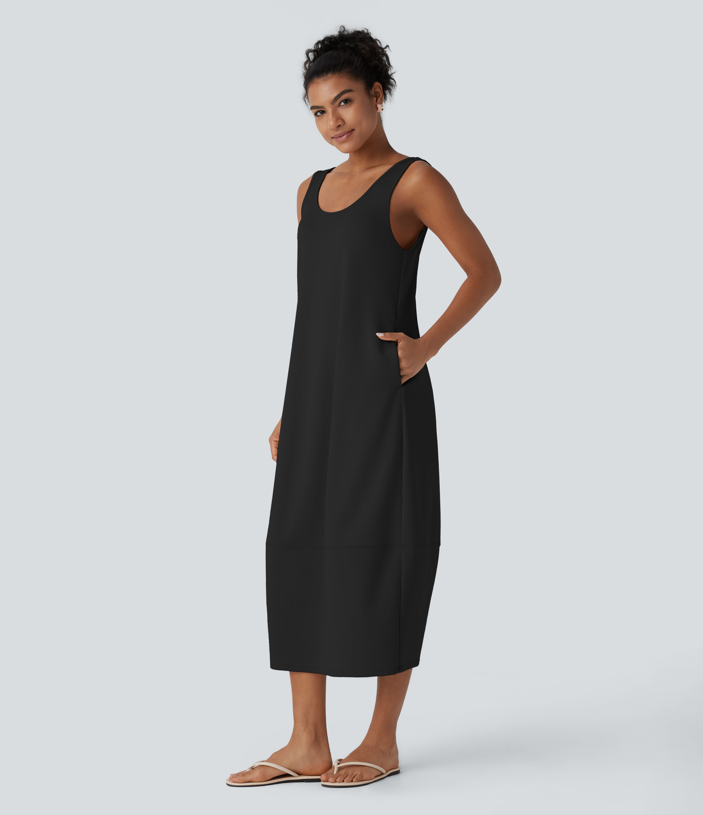 Halara Backless Side Pockets Barrel Midi Resort Tank Dress Casual Dress - Black - XS slip dress beach dress ruched dress halter dress 