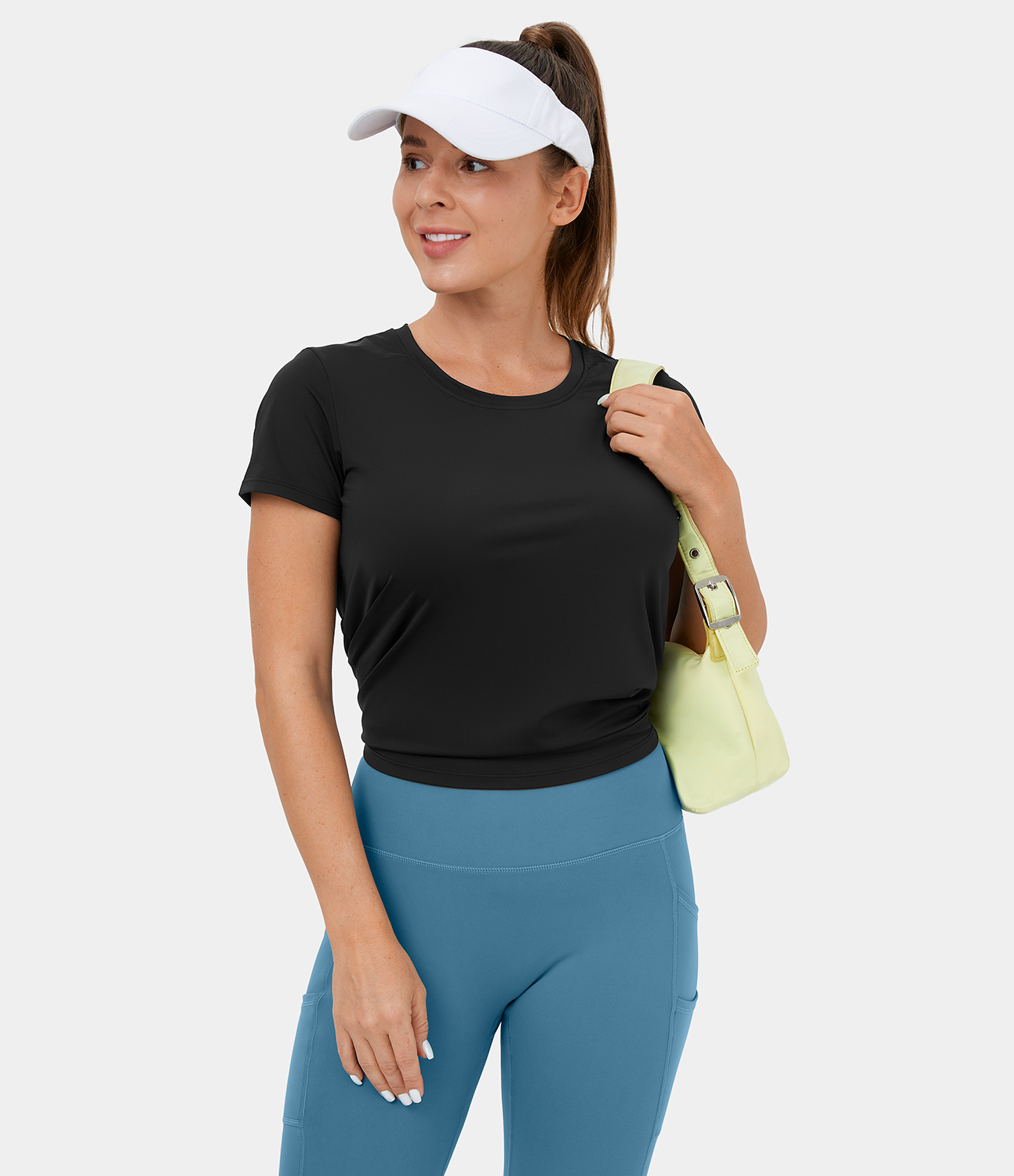 Halara Round Neck Short Sleeve Crisscross Split Tie Back Yoga Sports Top  - Black - XL 