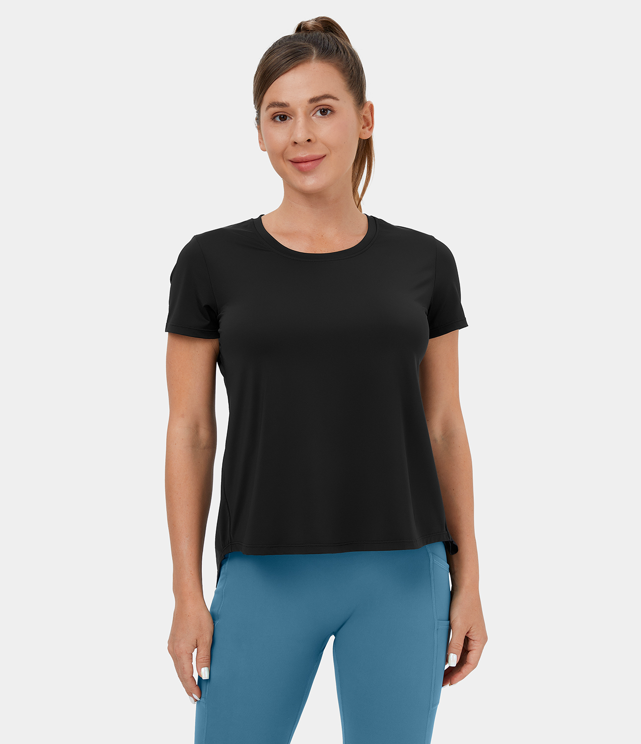 Halara Round Neck Short Sleeve Crisscross Split Tie Back Yoga Sports Top  - Black - XL 
