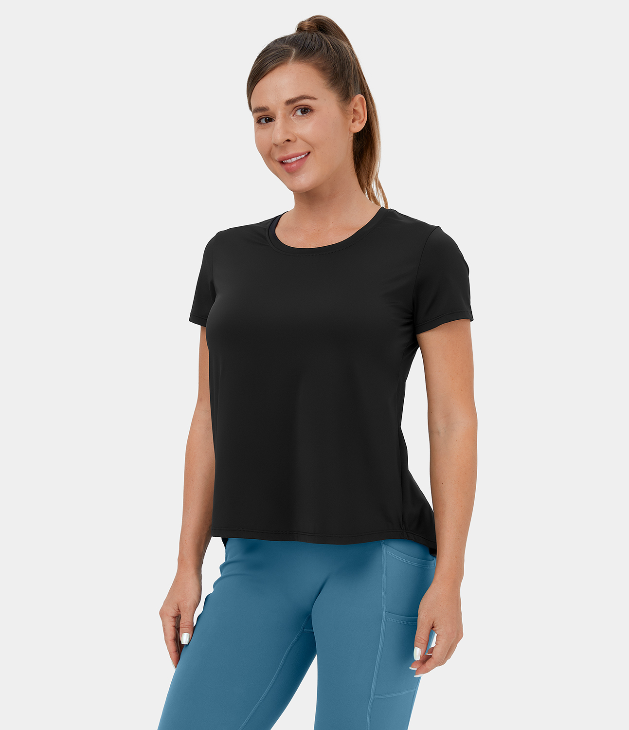 Halara Round Neck Short Sleeve Crisscross Split Tie Back Yoga Sports Top  - Black - XL 