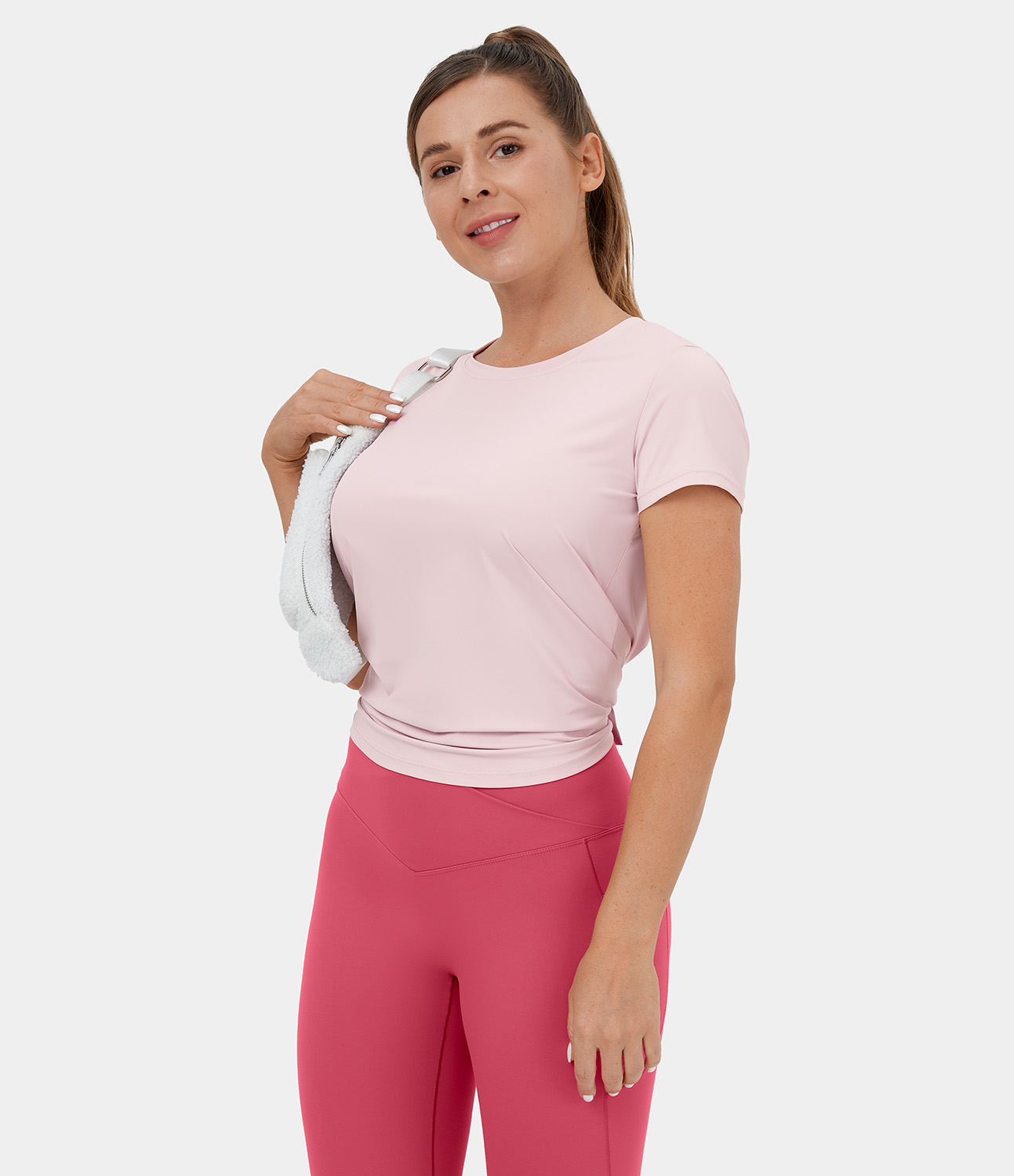 Halara Round Neck Short Sleeve Crisscross Split Tie Back Yoga Sports Top  - Calcite - S 