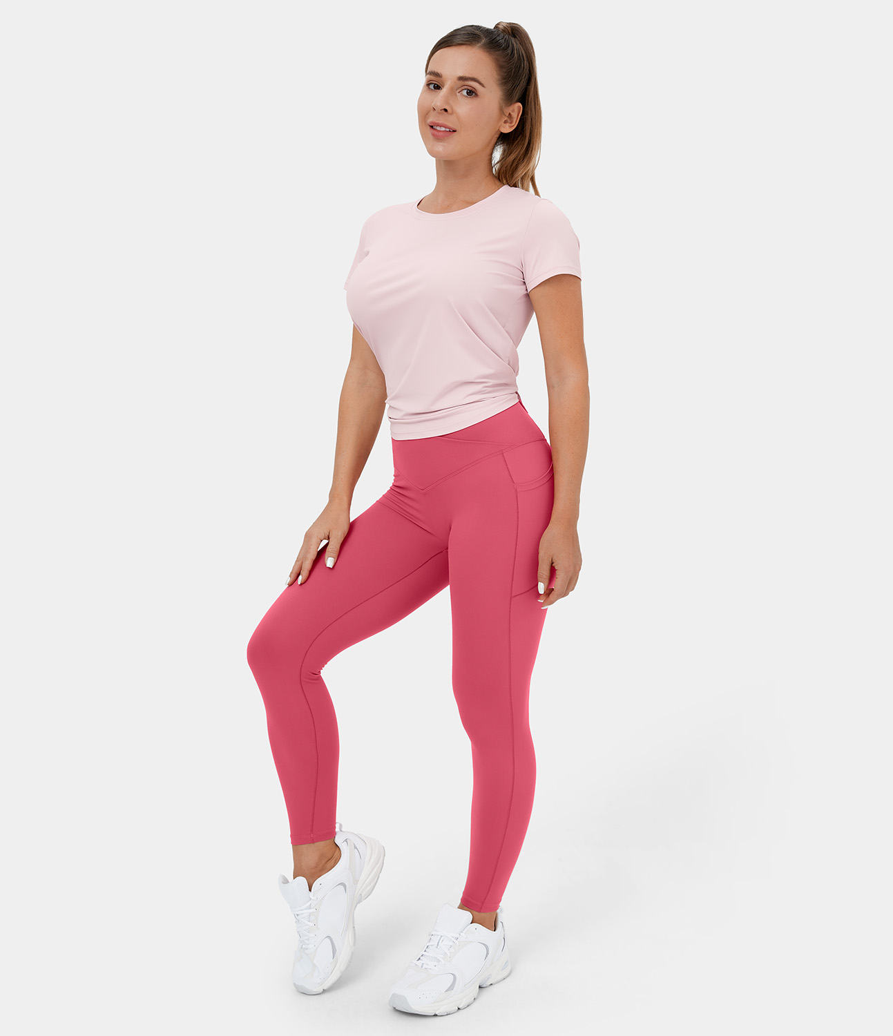 Halara Round Neck Short Sleeve Crisscross Split Tie Back Yoga Sports Top  - Calcite - S 