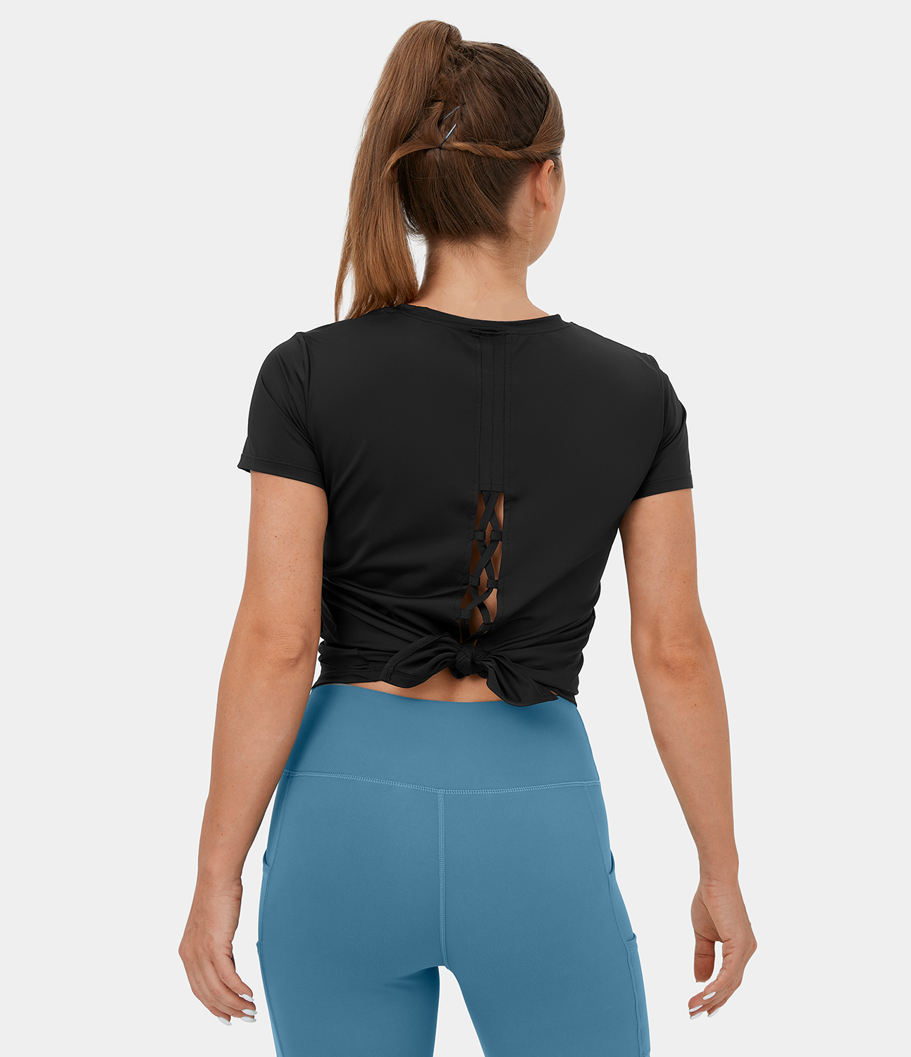 Halara Round Neck Short Sleeve Crisscross Split Tie Back Yoga Sports Top  - Black - XL 
