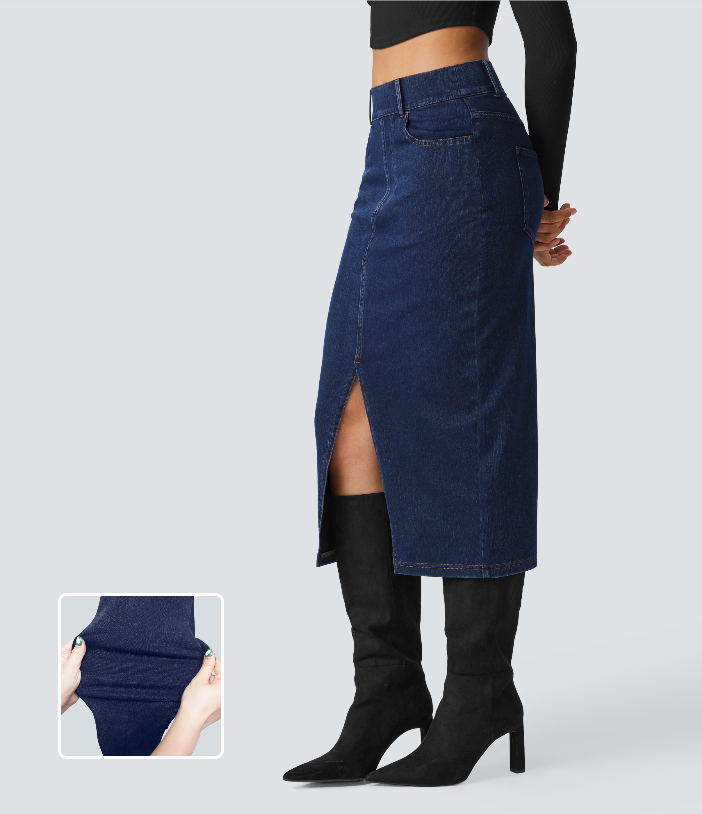 Halara Flex™ Figure-hugging casual midi skirt made of stretchy knit denim with a high waist, multiple pockets and a slit
