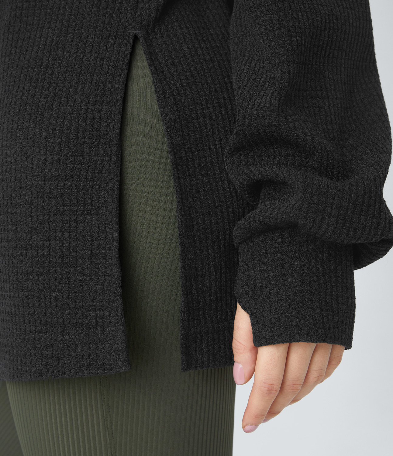 Halara Cowl Neck Drawstring Thumb Hole Split Knit Waffle Casual Sweatshirt  - Black - XL 