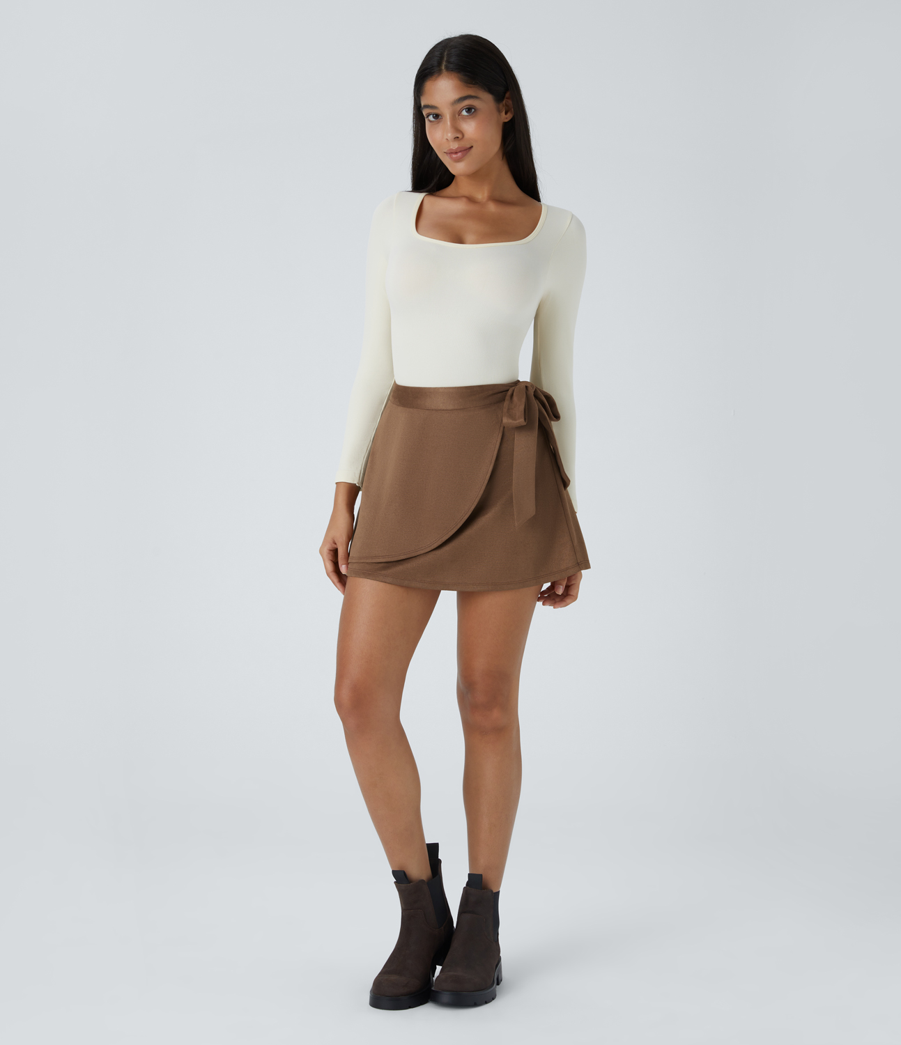 Halara High Waisted Tie Side 2-in-1 Pocket Suede Mini Casual Skirt  - Pecan Pie - M(regular) 