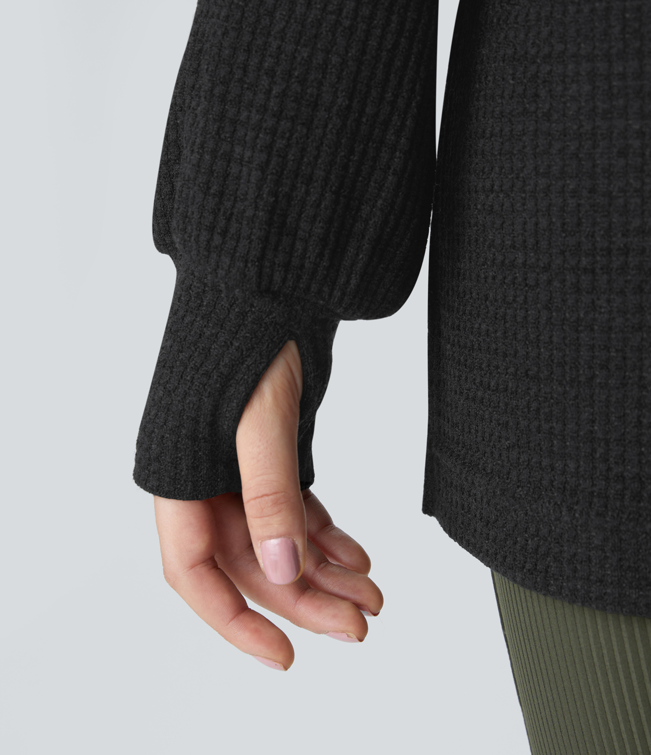 Halara Cowl Neck Drawstring Thumb Hole Split Knit Waffle Casual Sweatshirt  - Black - XL 