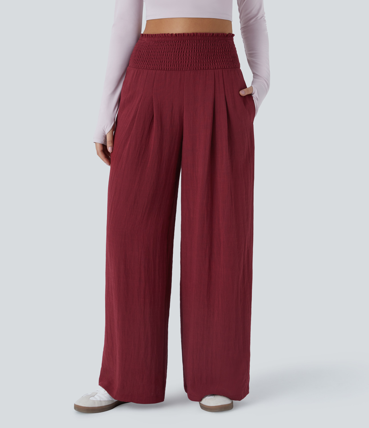 Halara High Waisted Shirred Plicated Side Pocket Wide Leg Casual Linen-Feel Pants  - Biking Red - XL(regular) sweatpants jogger pants 