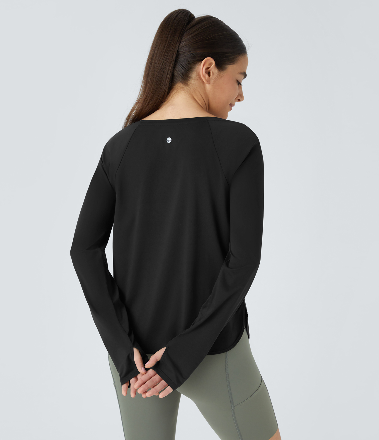 Halara Round Neck Raglan Sleeve Thumb Hole Curved Split Hem Hiking Sports Top  - Black - XL 