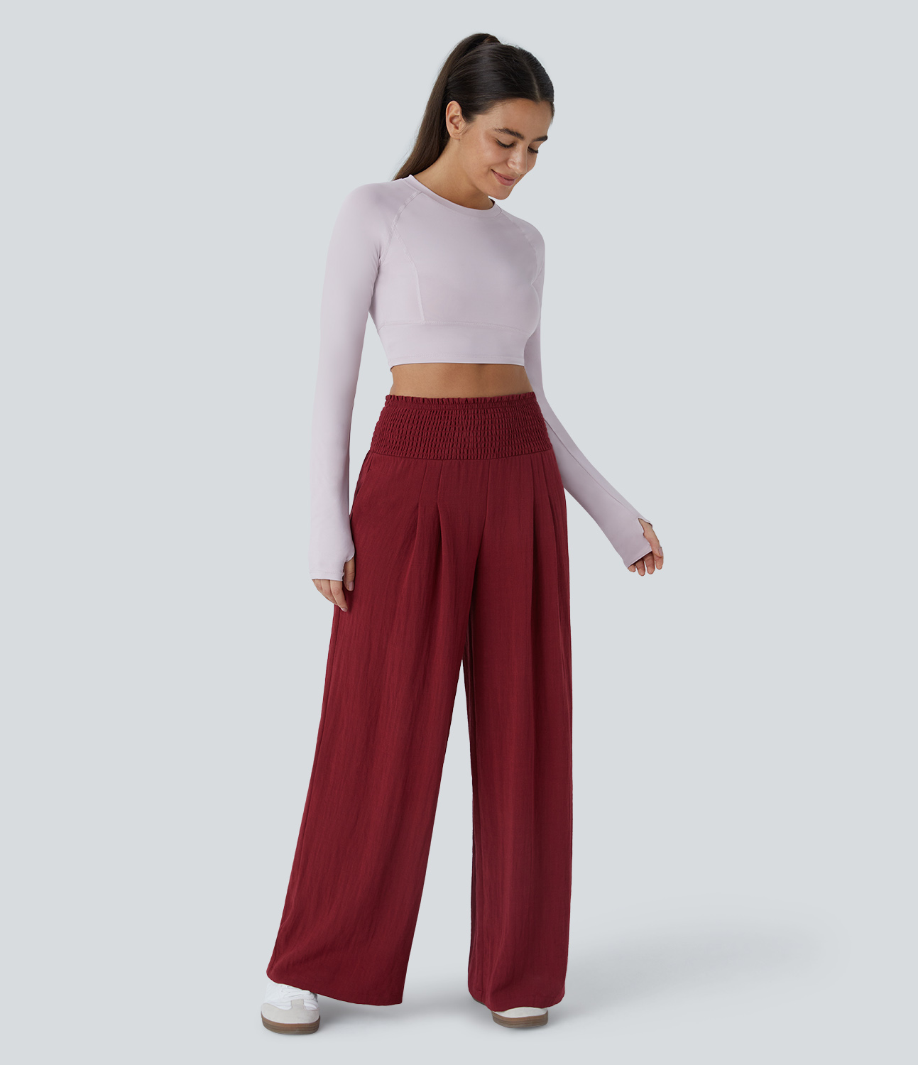 Halara High Waisted Shirred Plicated Side Pocket Wide Leg Casual Linen-Feel Pants  - Biking Red - XL(regular) sweatpants jogger pants 