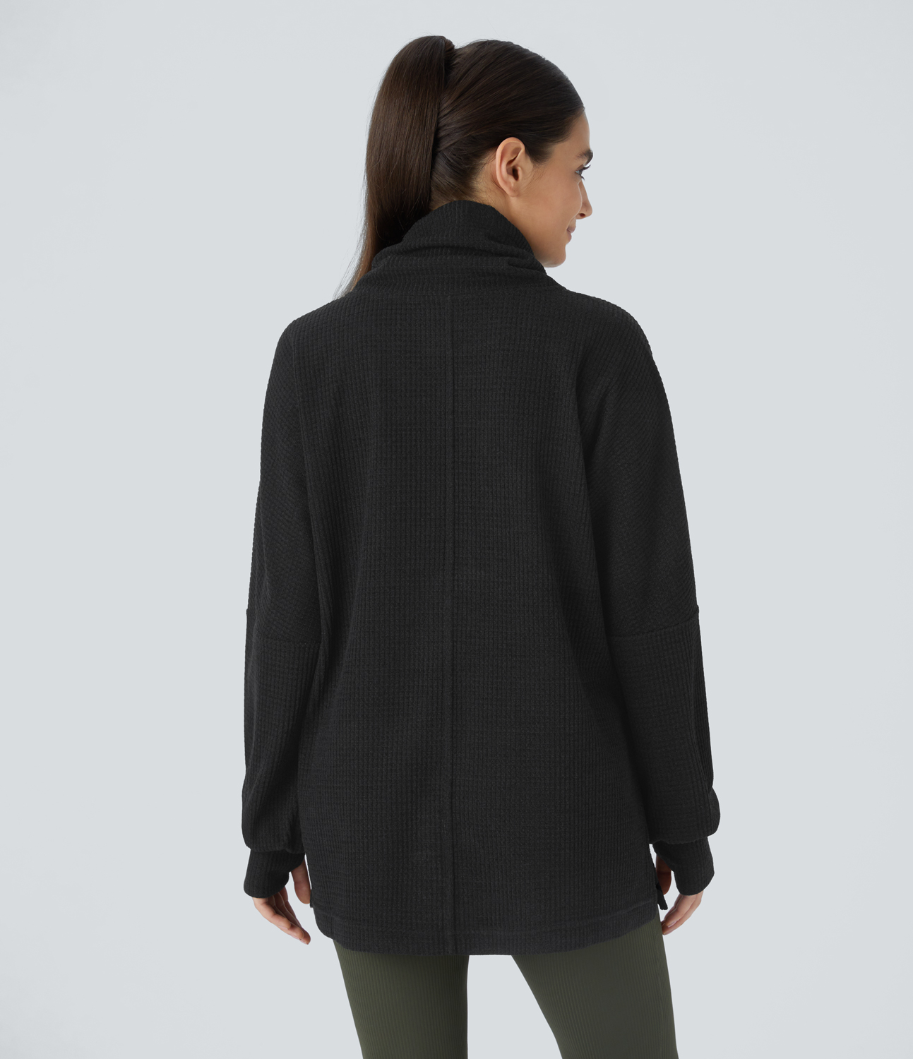 Halara Cowl Neck Drawstring Thumb Hole Split Knit Waffle Casual Sweatshirt  - Black - XL 