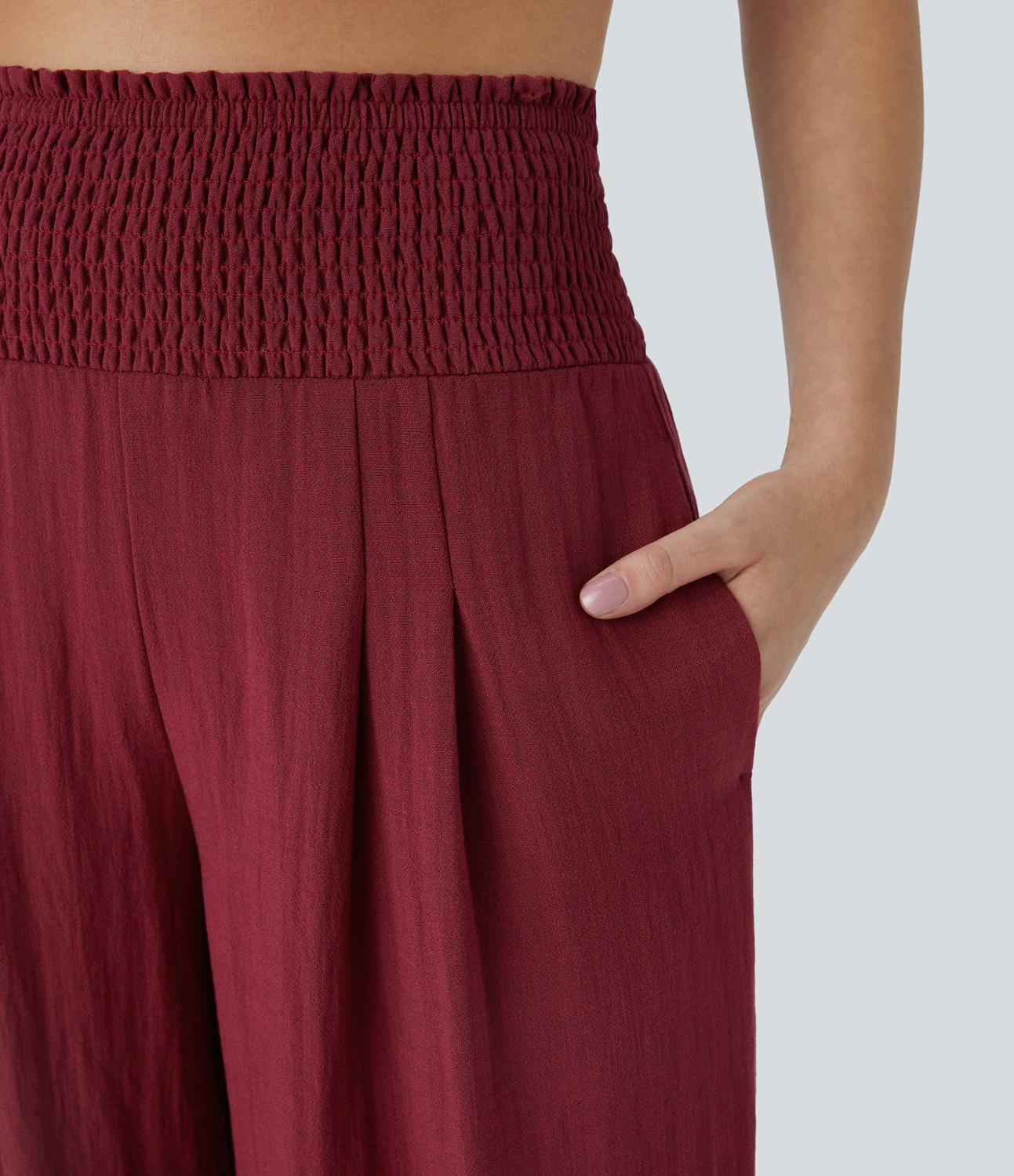 Halara High Waisted Shirred Plicated Side Pocket Wide Leg Casual Linen-Feel Pants  - Biking Red - XL(regular) sweatpants jogger pants 