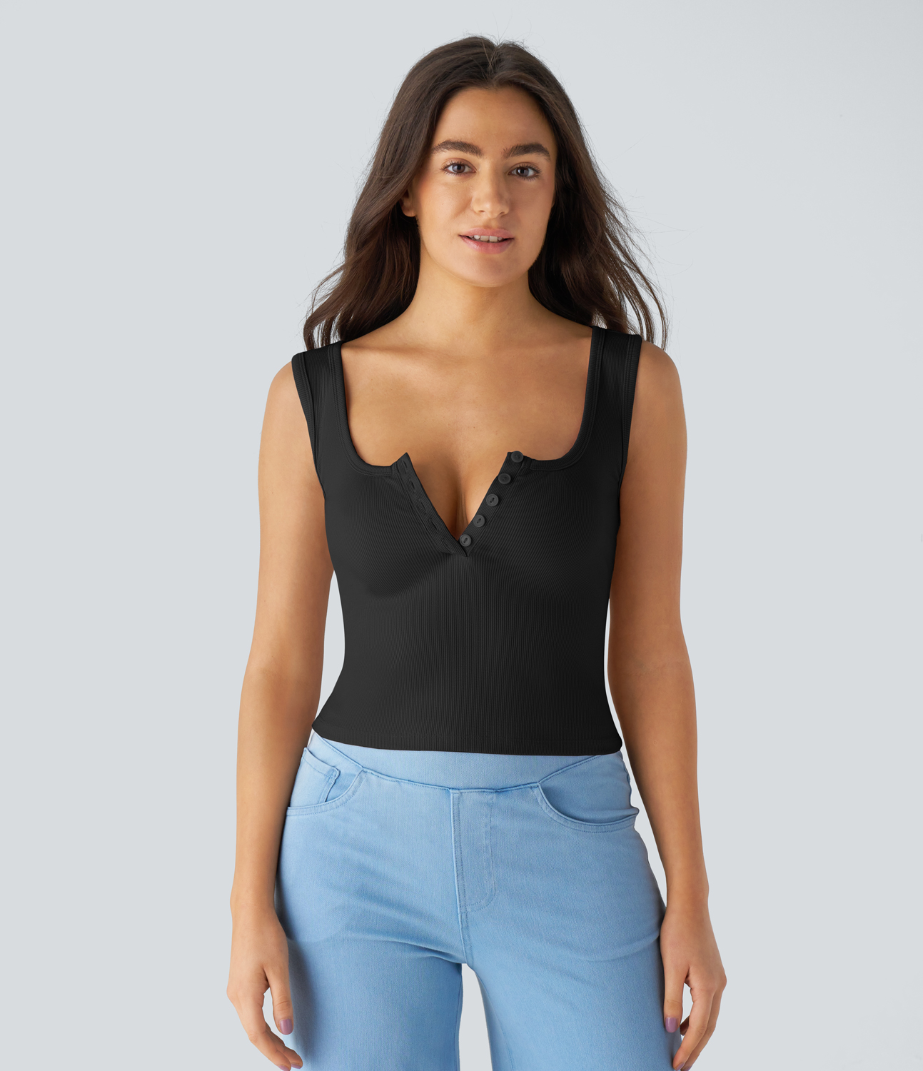Halara Ribbed Square Neck Button Front Casual Tank Top Tank Top - Black - XS golf tops halter top tunic tops sleeveless tops backless top 