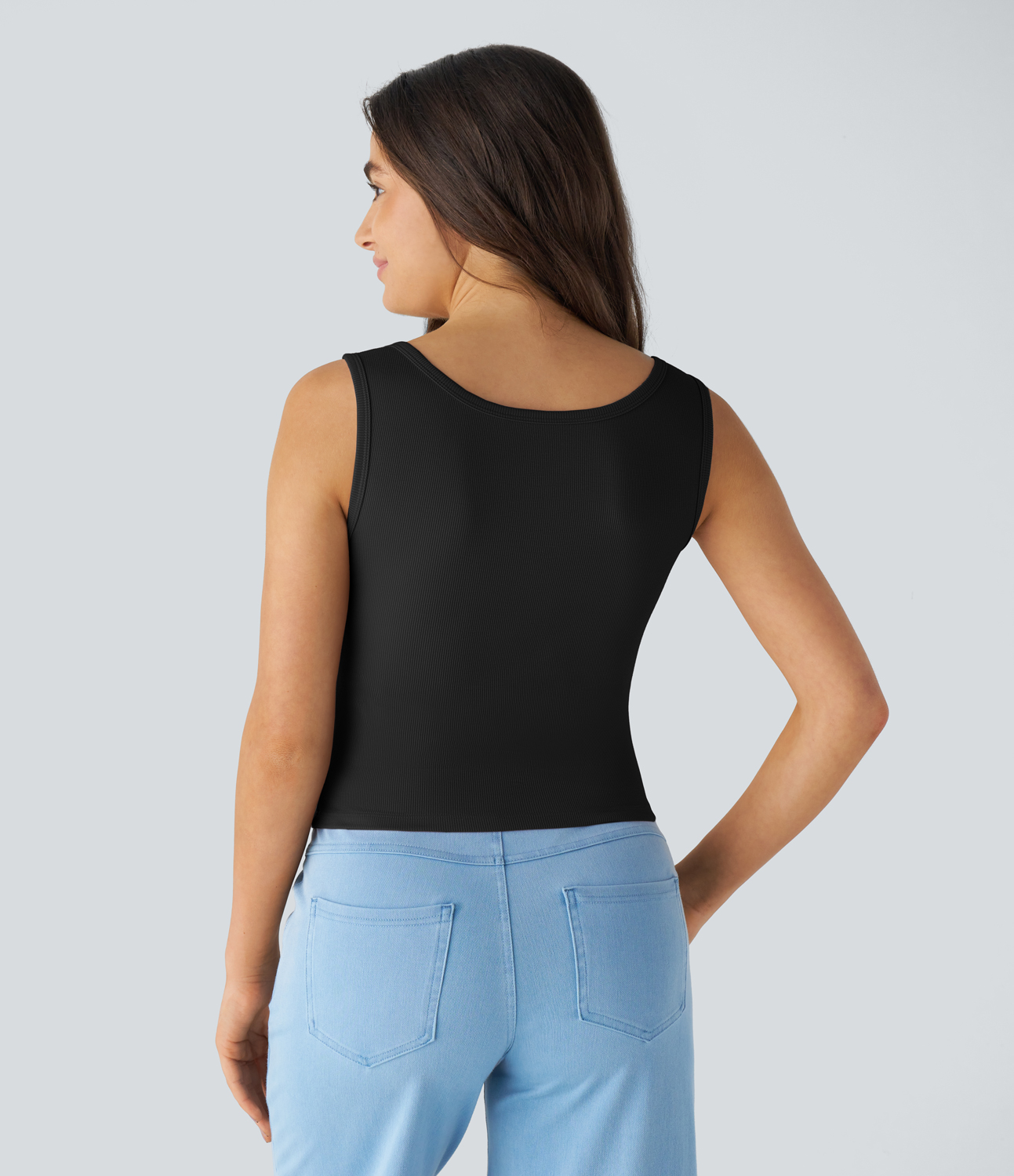 Halara Ribbed Square Neck Button Front Casual Tank Top Tank Top - Black - XS golf tops halter top tunic tops sleeveless tops backless top 