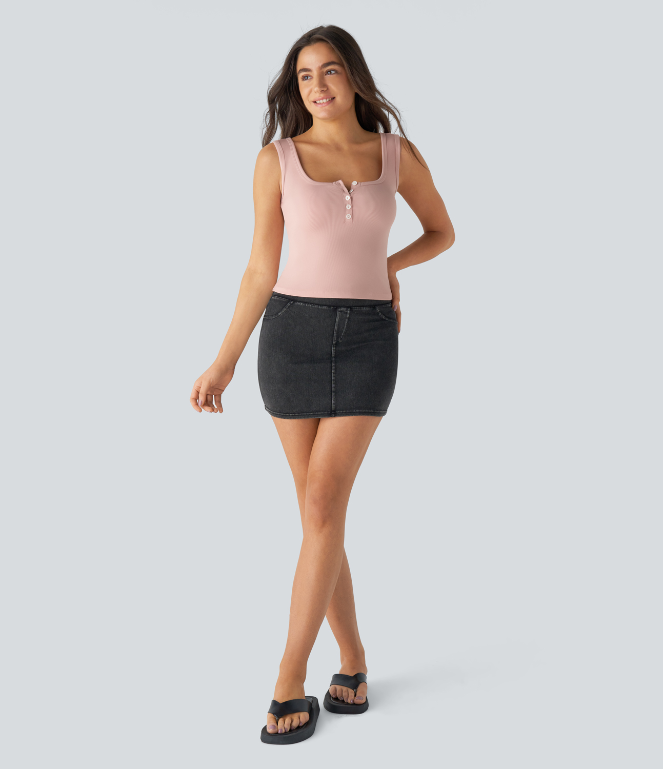 Halara Ribbed Square Neck Button Front Casual Tank Top Tank Top - Stardust Pink - XS golf tops halter top tunic tops sleeveless tops 