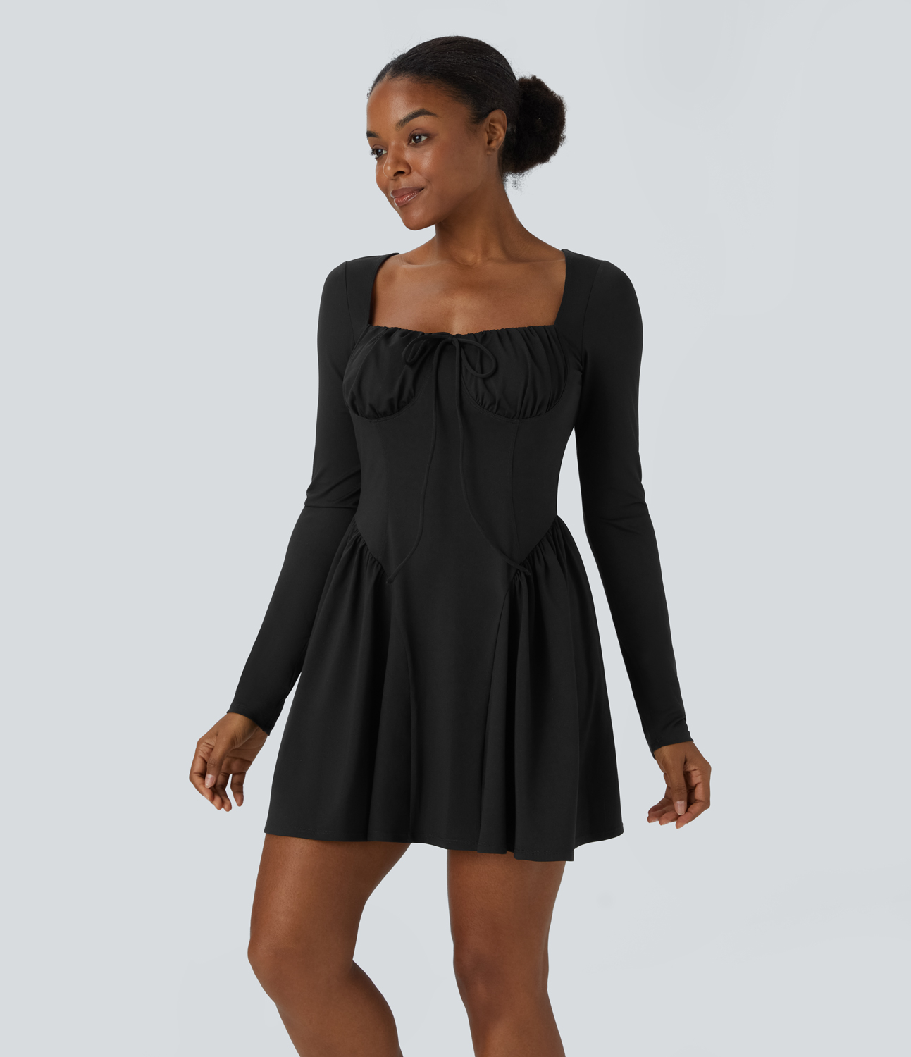 Halara Square Neck Lace Up Corset Long Sleeve Mini Casual Dress Casual Dress - Black - S slip dress beach dress ruched dress halter dress 