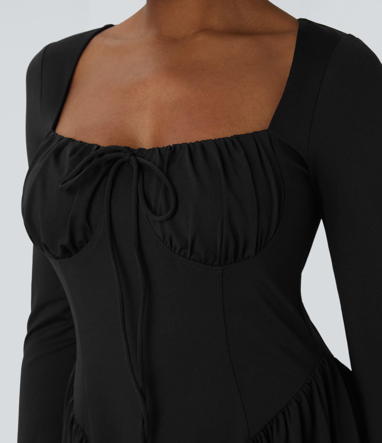 Halara Square Neck Lace Up Corset Long Sleeve Mini Casual Dress Casual Dress - Black - S slip dress beach dress ruched dress halter dress 