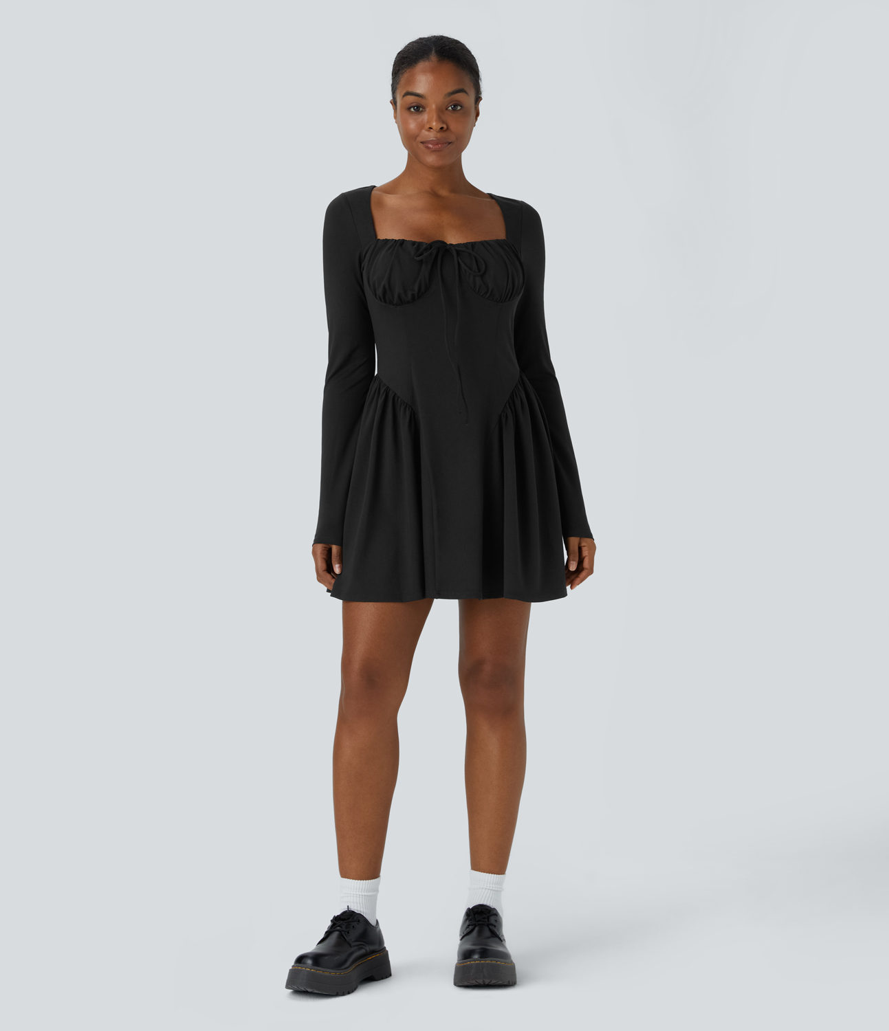 Halara Square Neck Lace Up Corset Long Sleeve Mini Casual Dress Casual Dress - Black - S slip dress beach dress ruched dress halter dress 