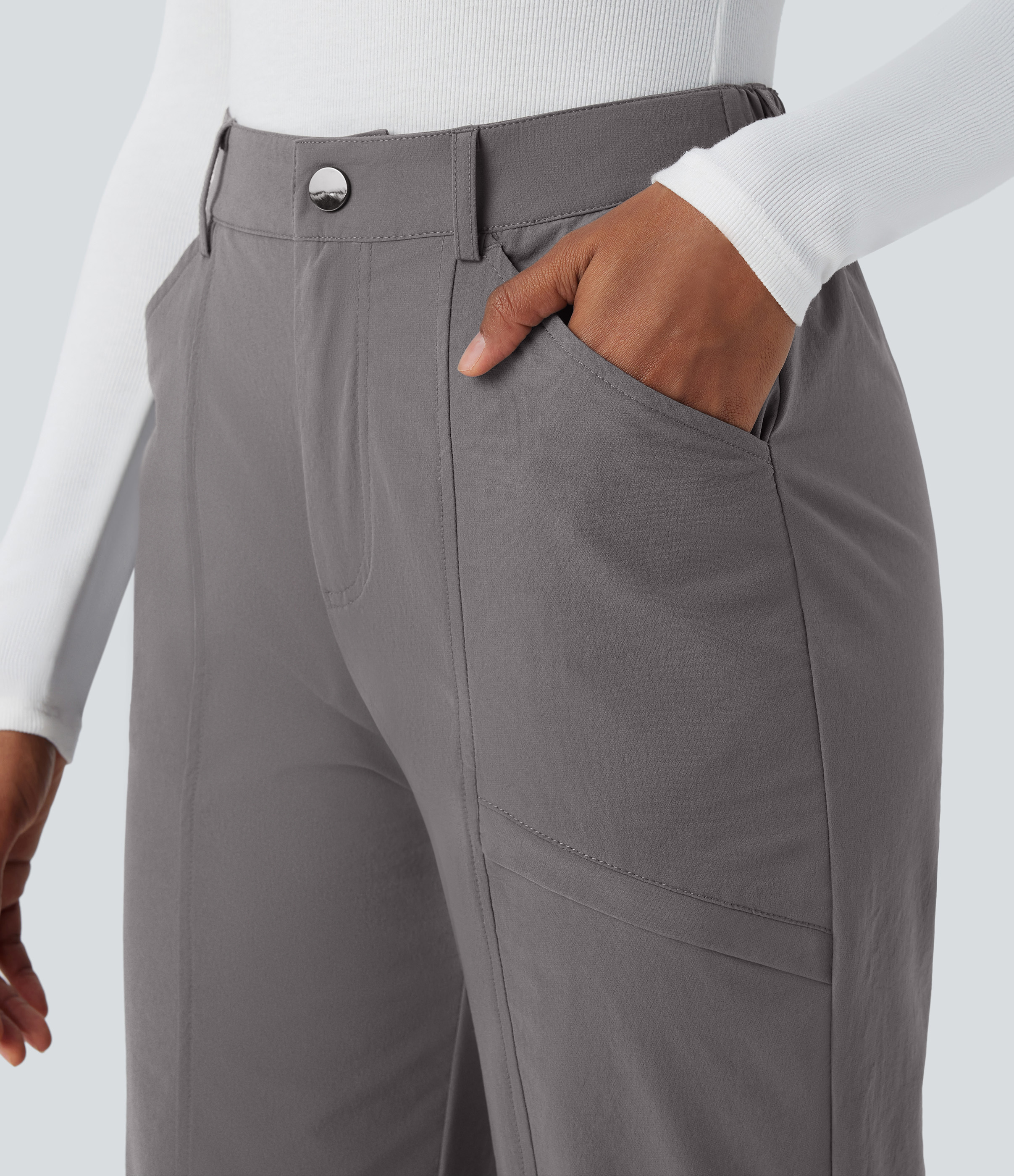 Halara High Waisted Side Pocket Adjustable Snap Button Roll-up Legs Work Pants  - Storm Front - XL(regular) sweatpants jogger pants 