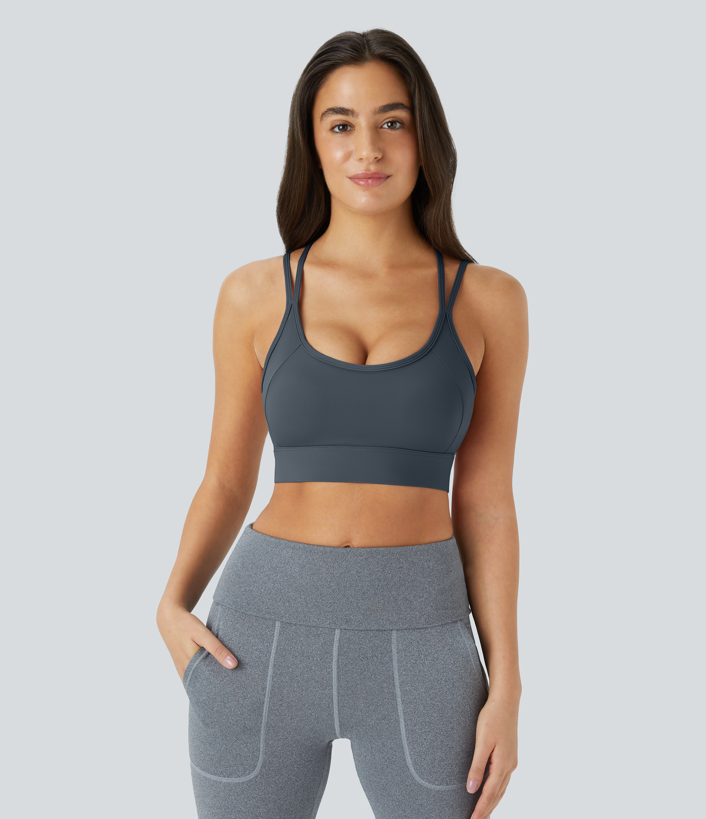 Halara Medium Support Backless Crisscross Strappy Adjustable Hook Sports Bra  - Dark Slate - M push up bra strapless bra backless bra 
