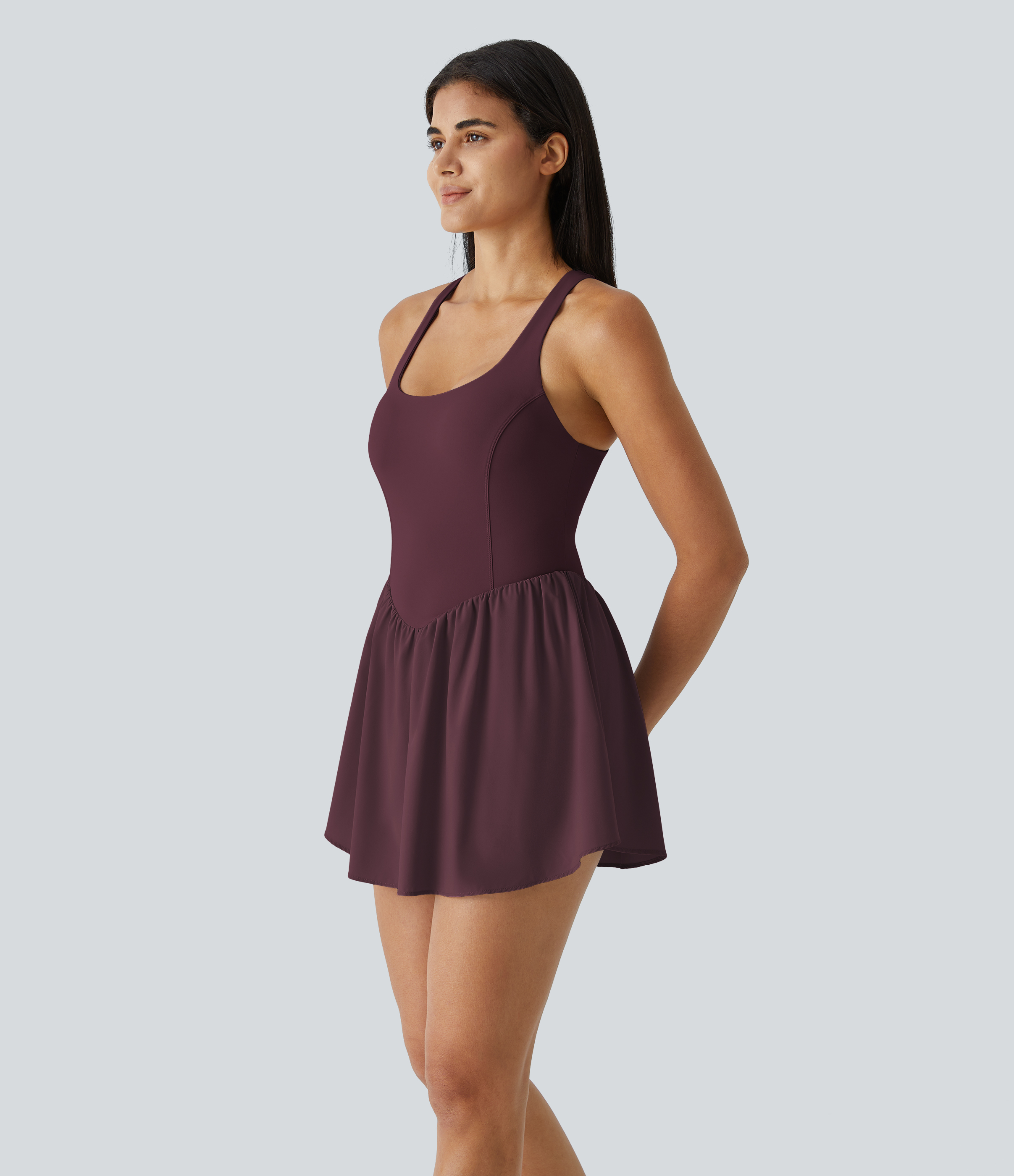 Halara Breezefulв„ў Square Neck Backless Cut Out Crisscross Twisted Back 2-in-1 Side Pocket Corset Mini Quick Dry Flowy Casual Dress Workout Dress - Berry Red - XS 