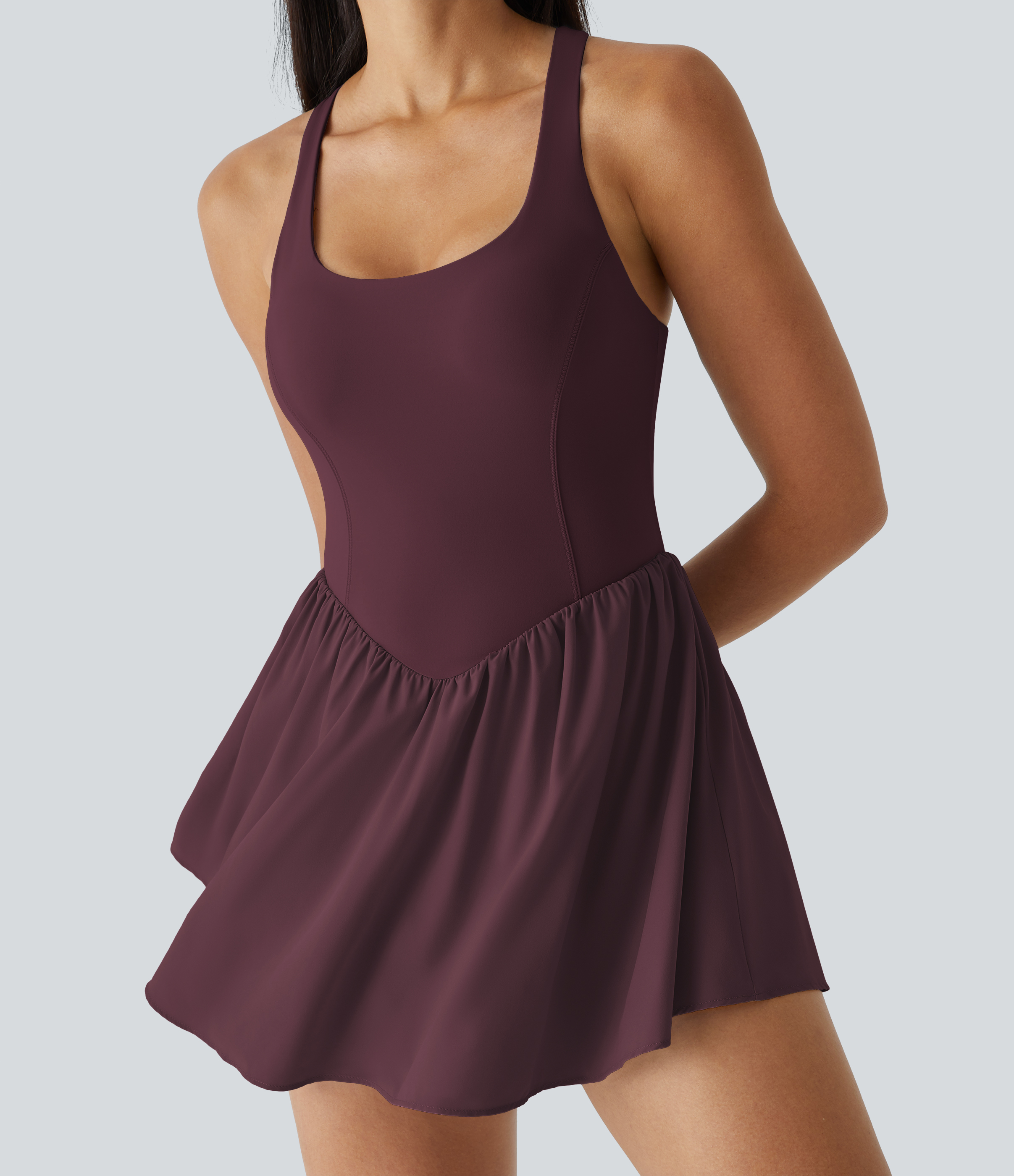 Halara Breezefulв„ў Square Neck Backless Cut Out Crisscross Twisted Back 2-in-1 Side Pocket Corset Mini Quick Dry Flowy Casual Dress Workout Dress - Berry Red - XS 