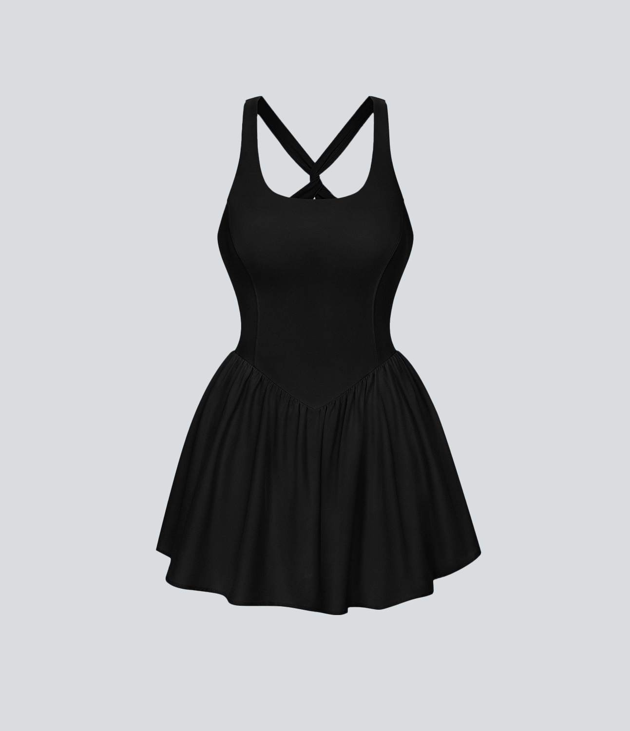 Halara Breezefulв„ў Square Neck Backless Cut Out Crisscross Twisted Back 2-in-1 Side Pocket Corset Mini Quick Dry Flowy Casual Dress Workout Dress - Black - S 