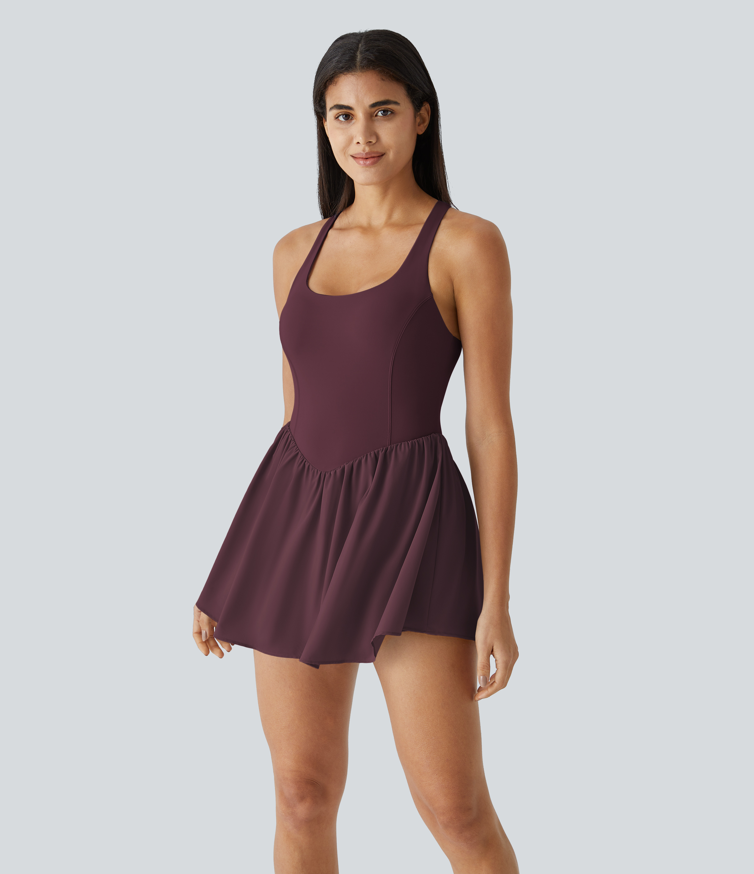 Halara Breezefulв„ў Square Neck Backless Cut Out Crisscross Twisted Back 2-in-1 Side Pocket Corset Mini Quick Dry Flowy Casual Dress Workout Dress - Berry Red - XS 