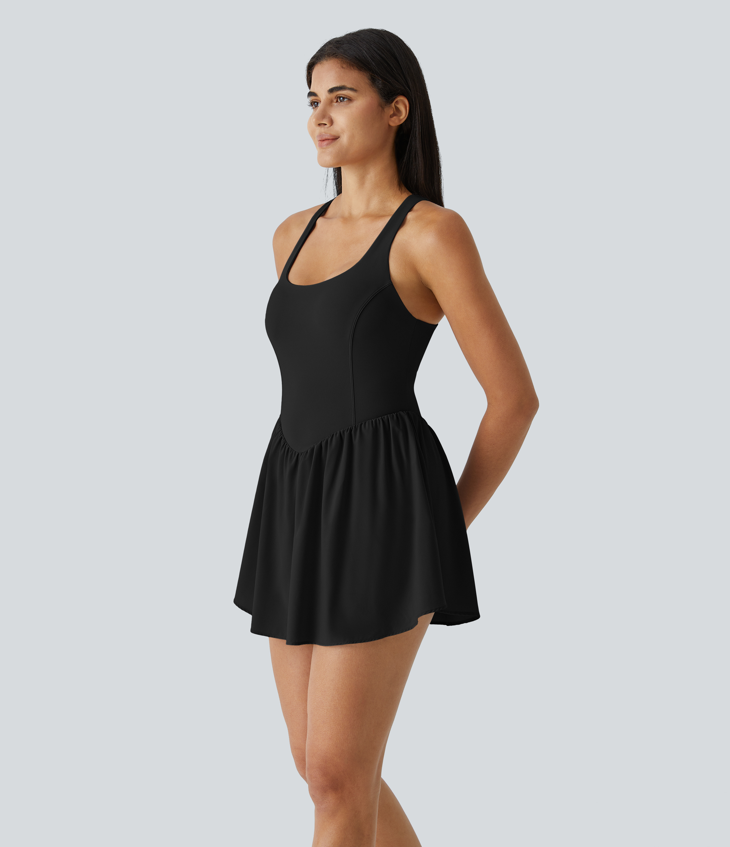 Halara Breezefulв„ў Square Neck Backless Cut Out Crisscross Twisted Back 2-in-1 Side Pocket Corset Mini Quick Dry Flowy Casual Dress Workout Dress - Black - S 
