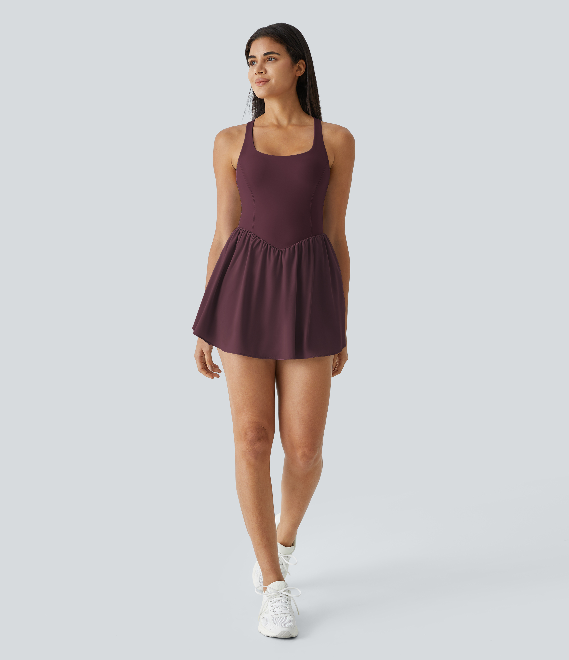 Halara Breezefulв„ў Square Neck Backless Cut Out Crisscross Twisted Back 2-in-1 Side Pocket Corset Mini Quick Dry Flowy Casual Dress Workout Dress - Berry Red - XS 