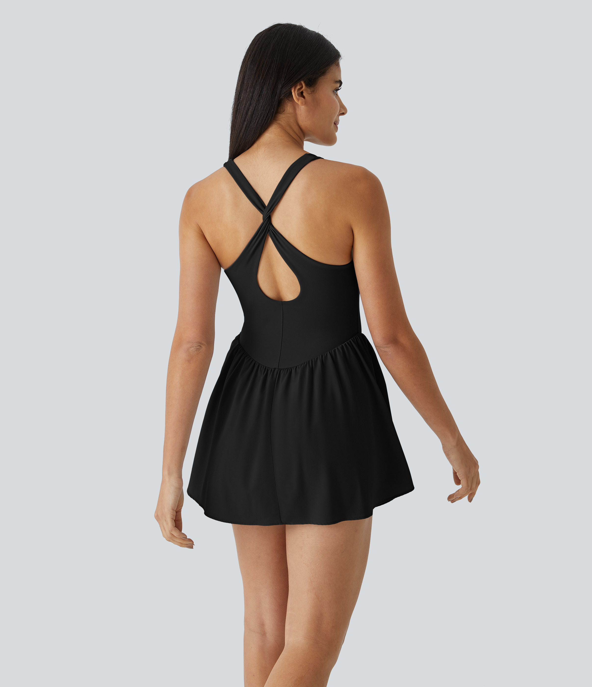 Halara Breezefulв„ў Square Neck Backless Cut Out Crisscross Twisted Back 2-in-1 Side Pocket Corset Mini Quick Dry Flowy Casual Dress Workout Dress - Black - S 