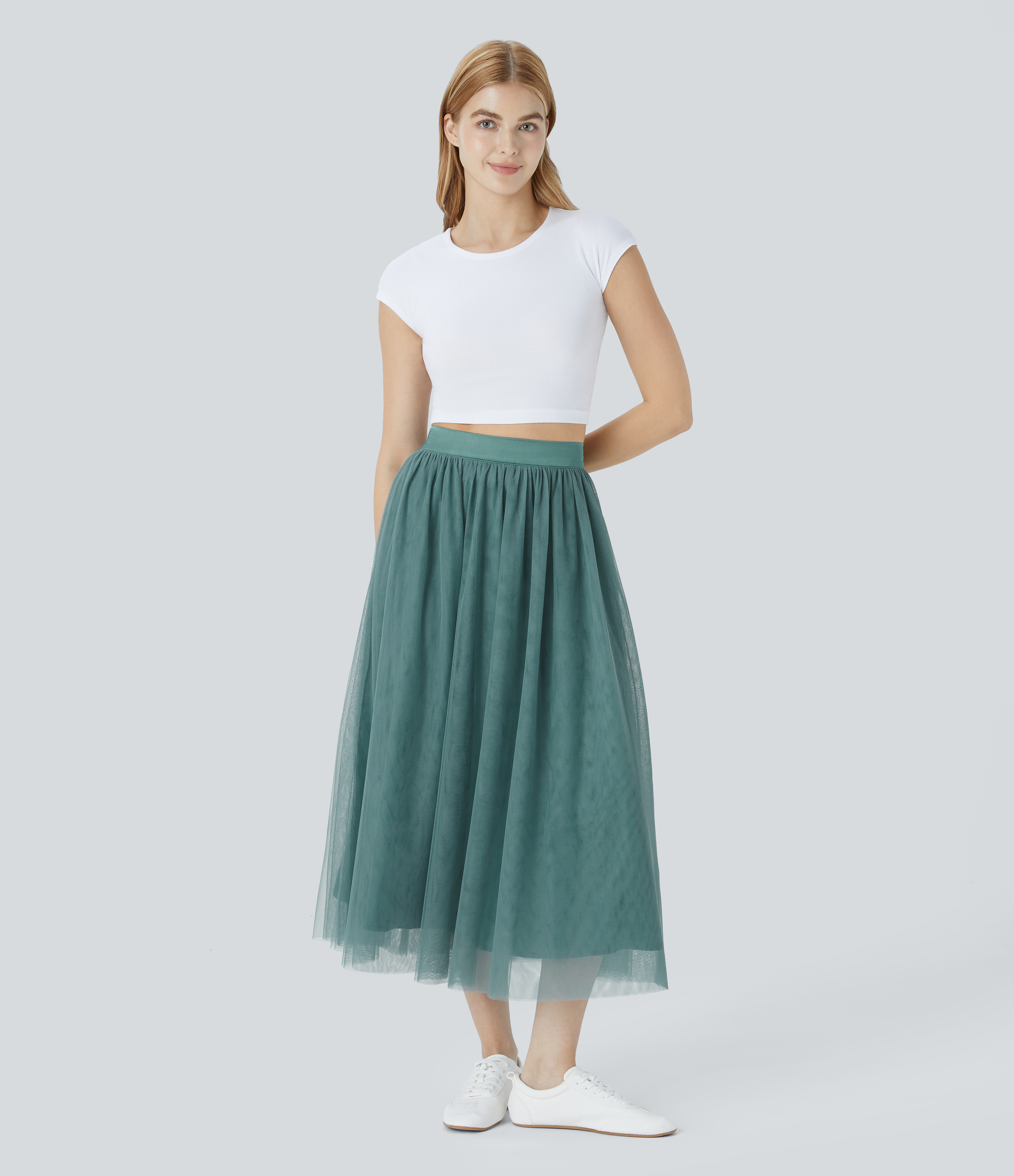 Halara High Waisted Mesh Overlay Flowy Flare Midi Casual Skirt  - Arctic - S(regular) 