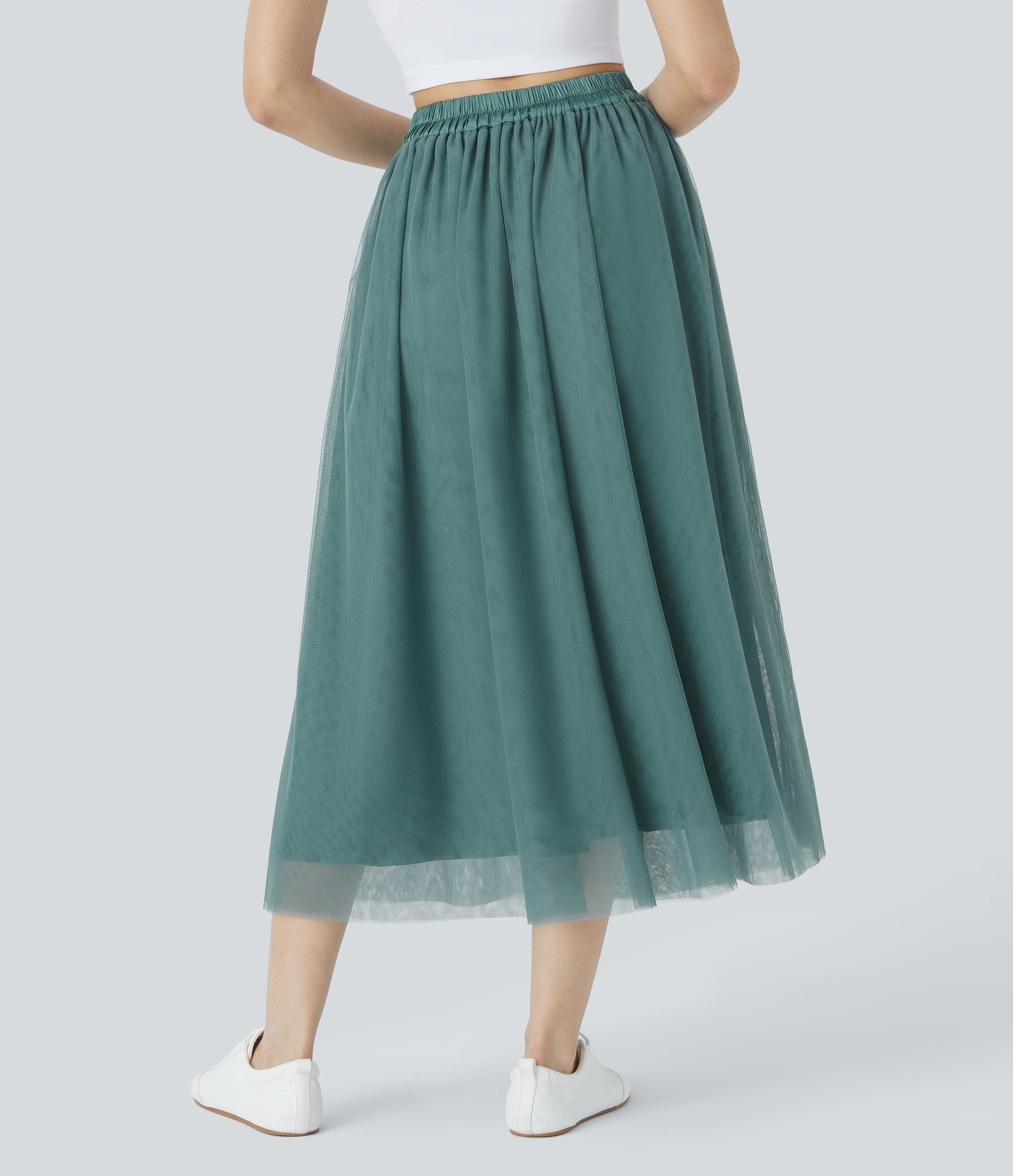 Halara High Waisted Mesh Overlay Flowy Flare Midi Casual Skirt  - Arctic - S(regular) 