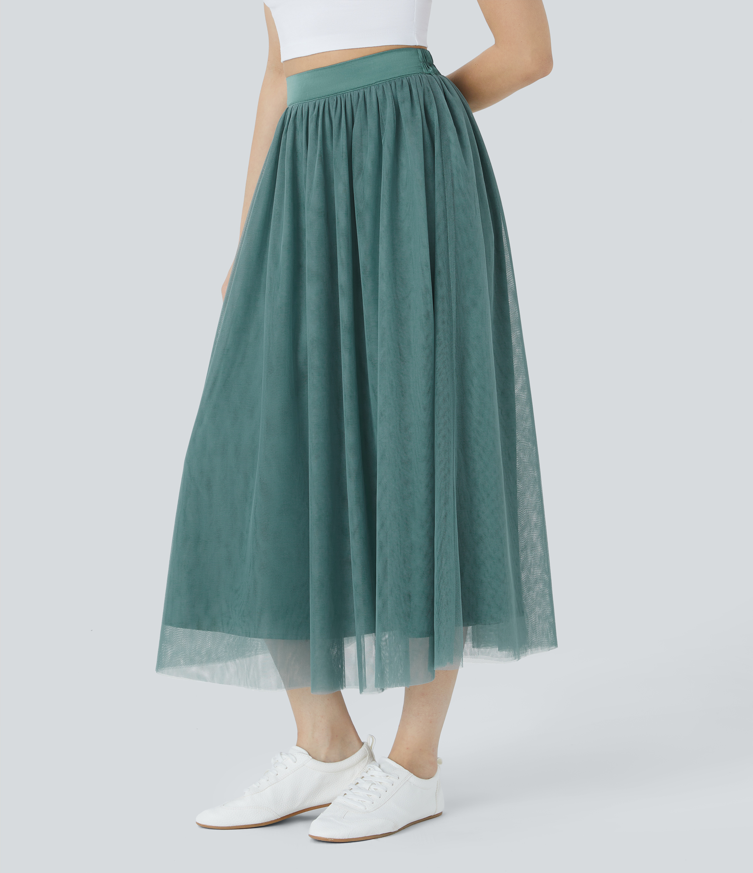 Halara High Waisted Mesh Overlay Flowy Flare Midi Casual Skirt  - Arctic - S(regular) 