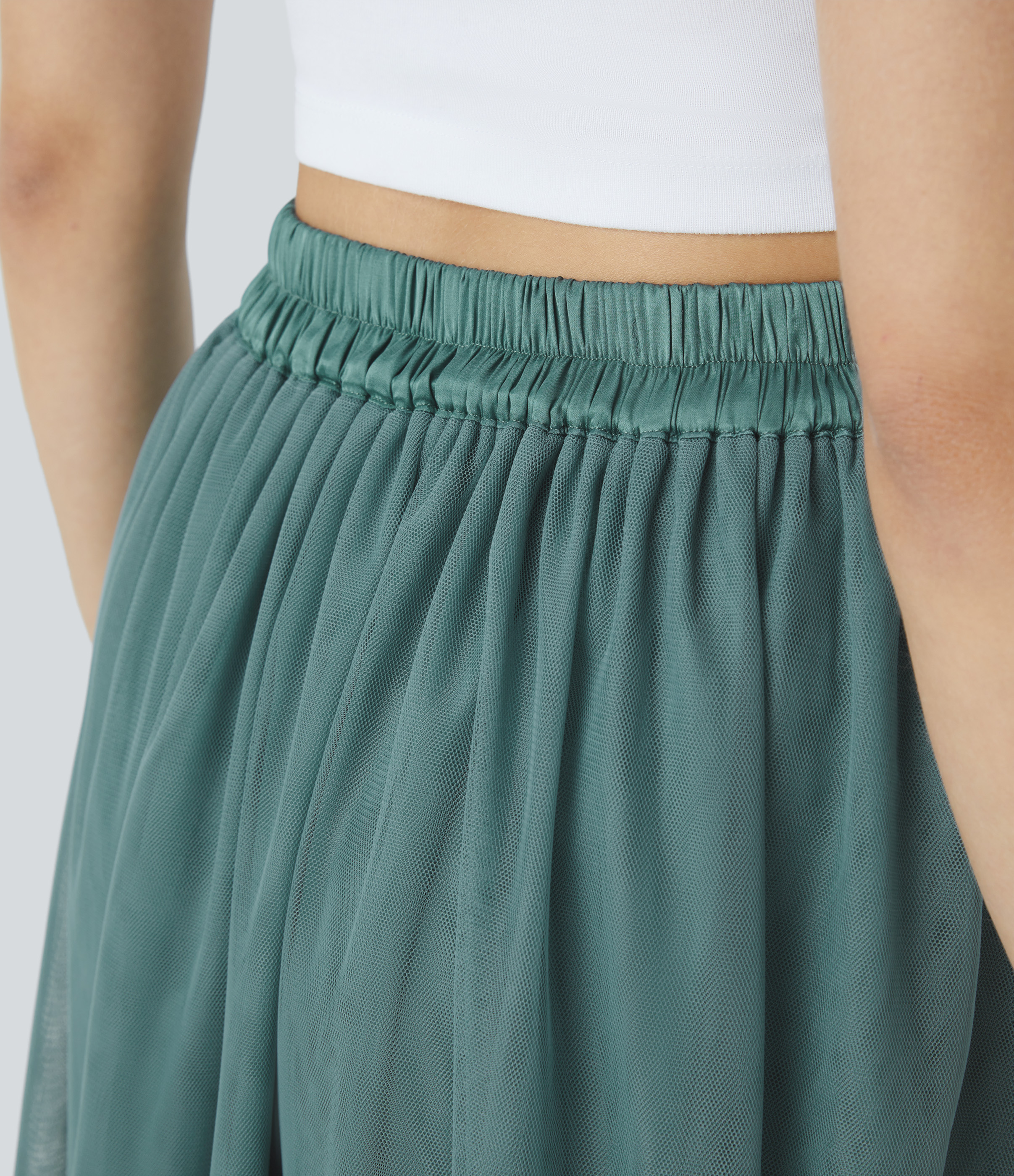 Halara High Waisted Mesh Overlay Flowy Flare Midi Casual Skirt  - Arctic - S(regular) 
