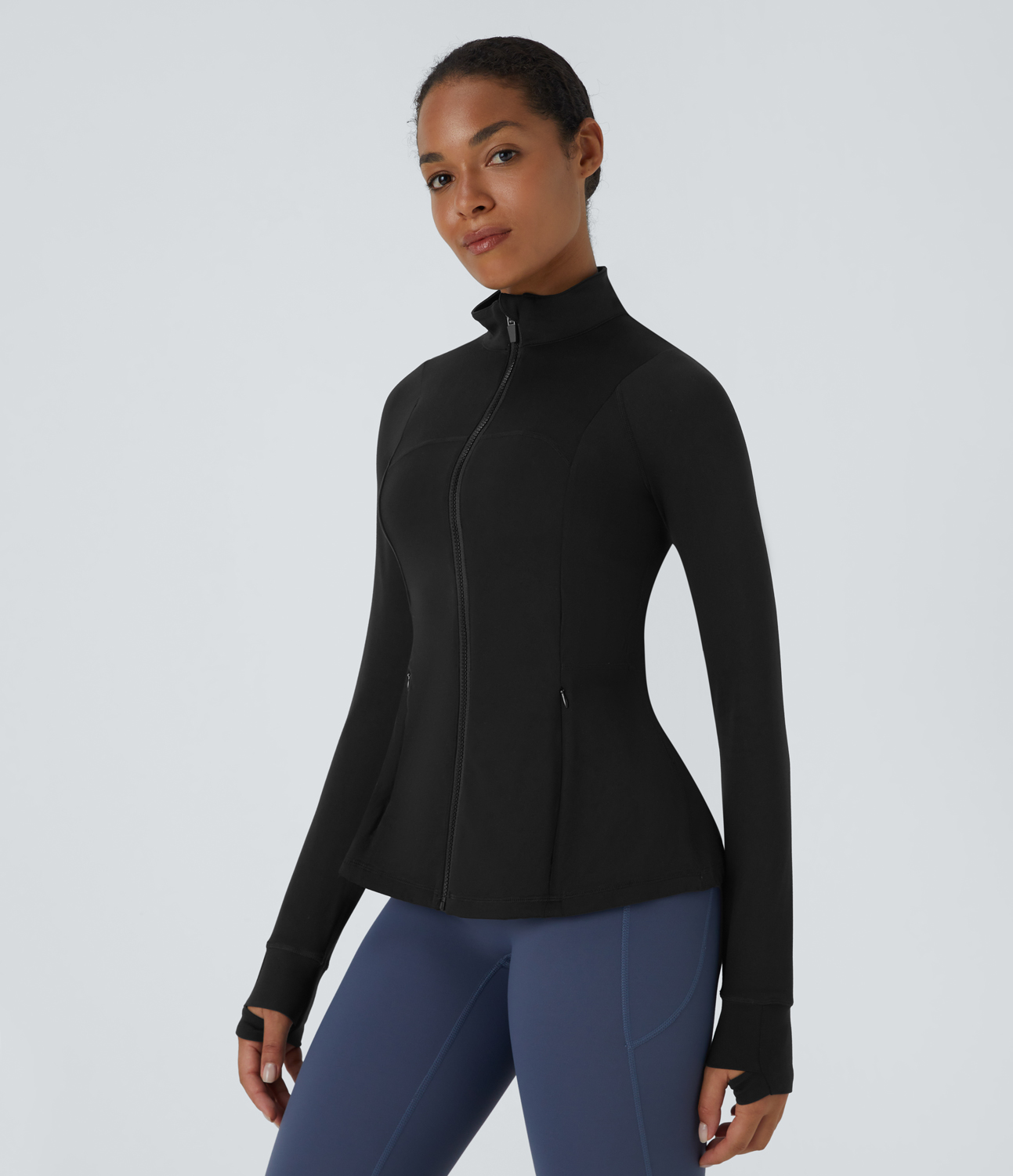Halara Softlyzeroв„ў  Long Sleeve Thumb Hole Side Pocket Zipper Ruffle Hem Slim Yoga Jacket  - Black - S 