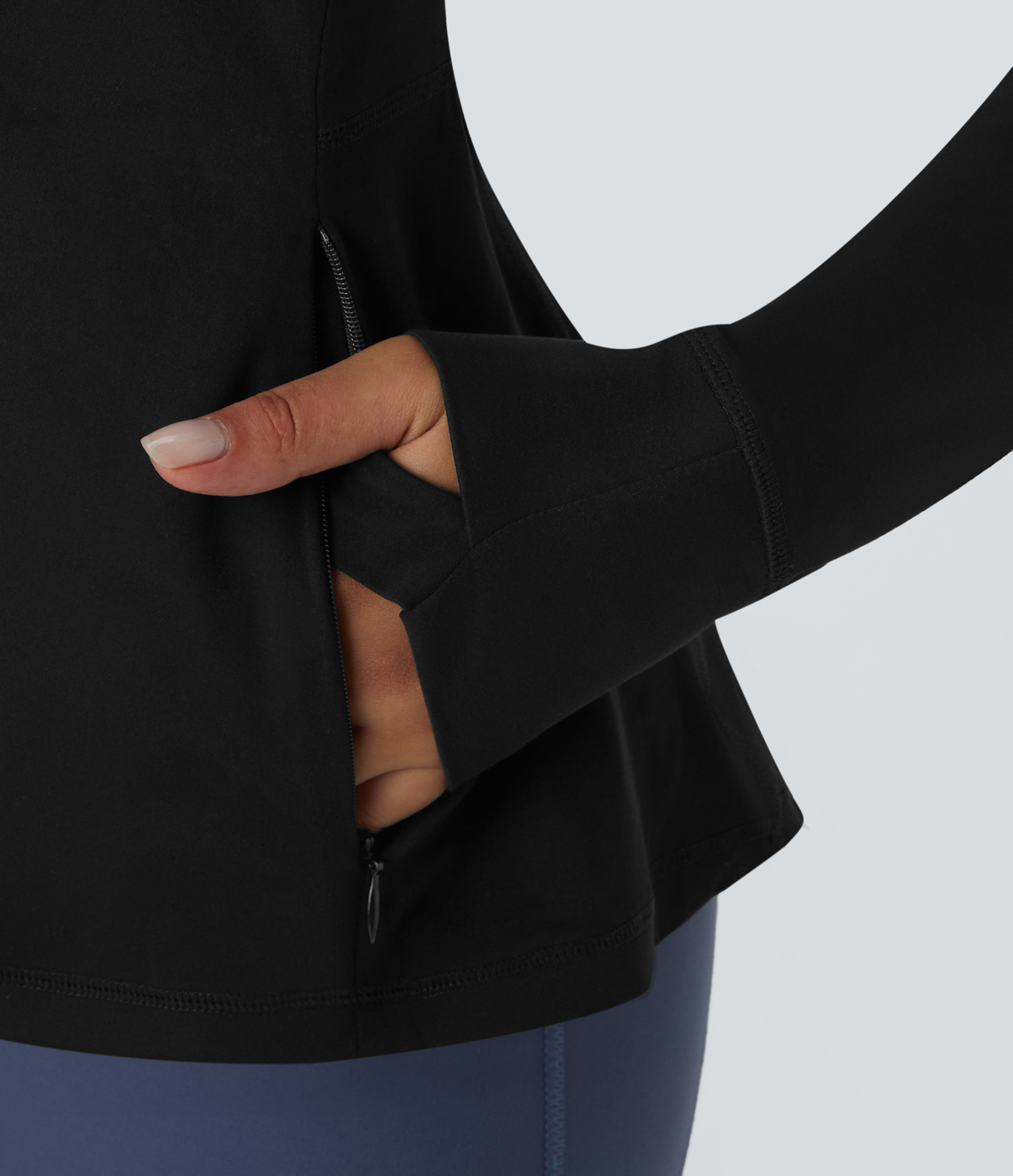 Halara Softlyzeroв„ў  Long Sleeve Thumb Hole Side Pocket Zipper Ruffle Hem Slim Yoga Jacket  - Black - S 