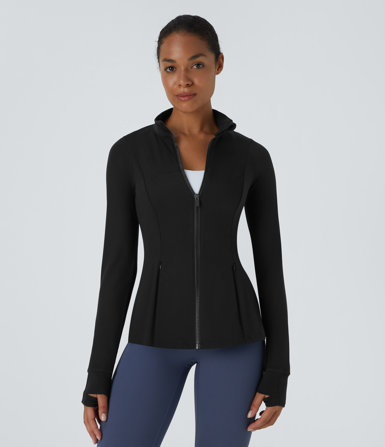 Halara Softlyzeroв„ў  Long Sleeve Thumb Hole Side Pocket Zipper Ruffle Hem Slim Yoga Jacket  - Black - S 