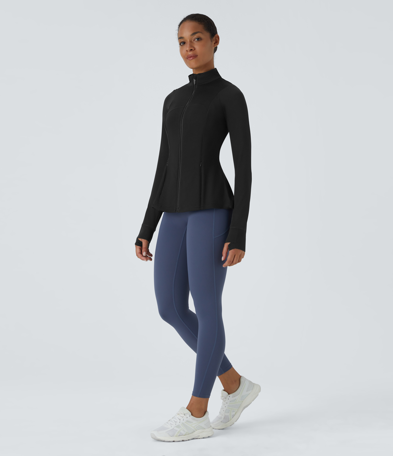 Halara Softlyzeroв„ў  Long Sleeve Thumb Hole Side Pocket Zipper Ruffle Hem Slim Yoga Jacket  - Black - S 