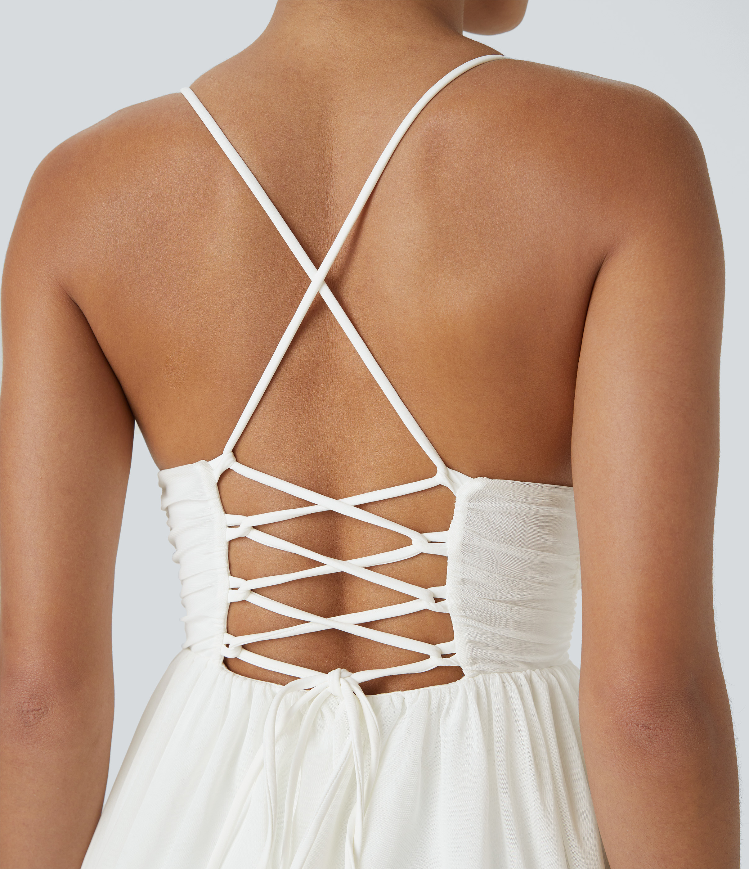 Halara Backless Crisscross Lace Up Mesh Layered Mini Party Dress Casual Dress - White - XL slip dress beach dress ruched dress halter dress 