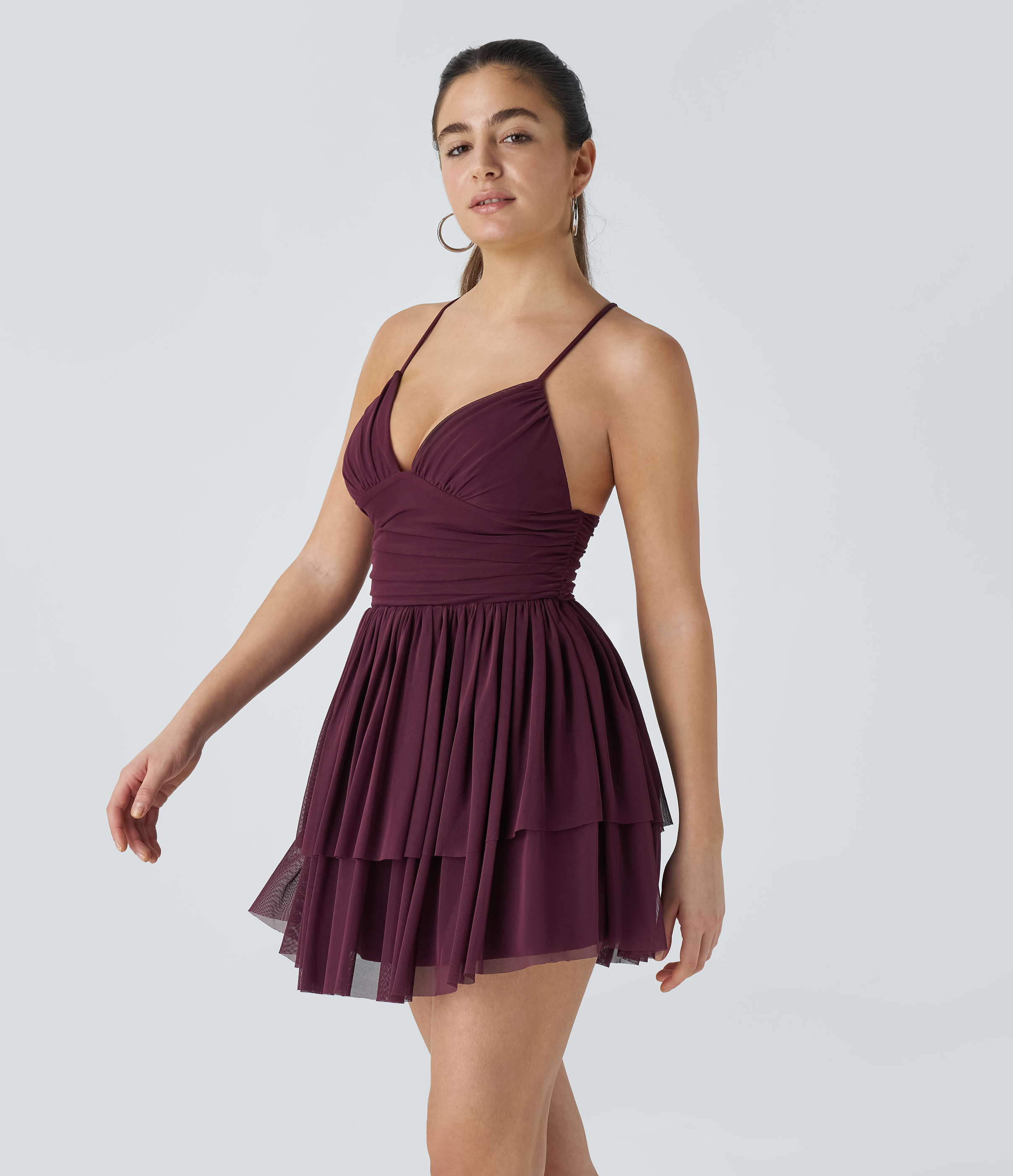 Halara Backless Crisscross Lace Up Mesh Layered Mini Party Dress Casual Dress - Sandalwood Grape Purple - XS slip dress beach dress 