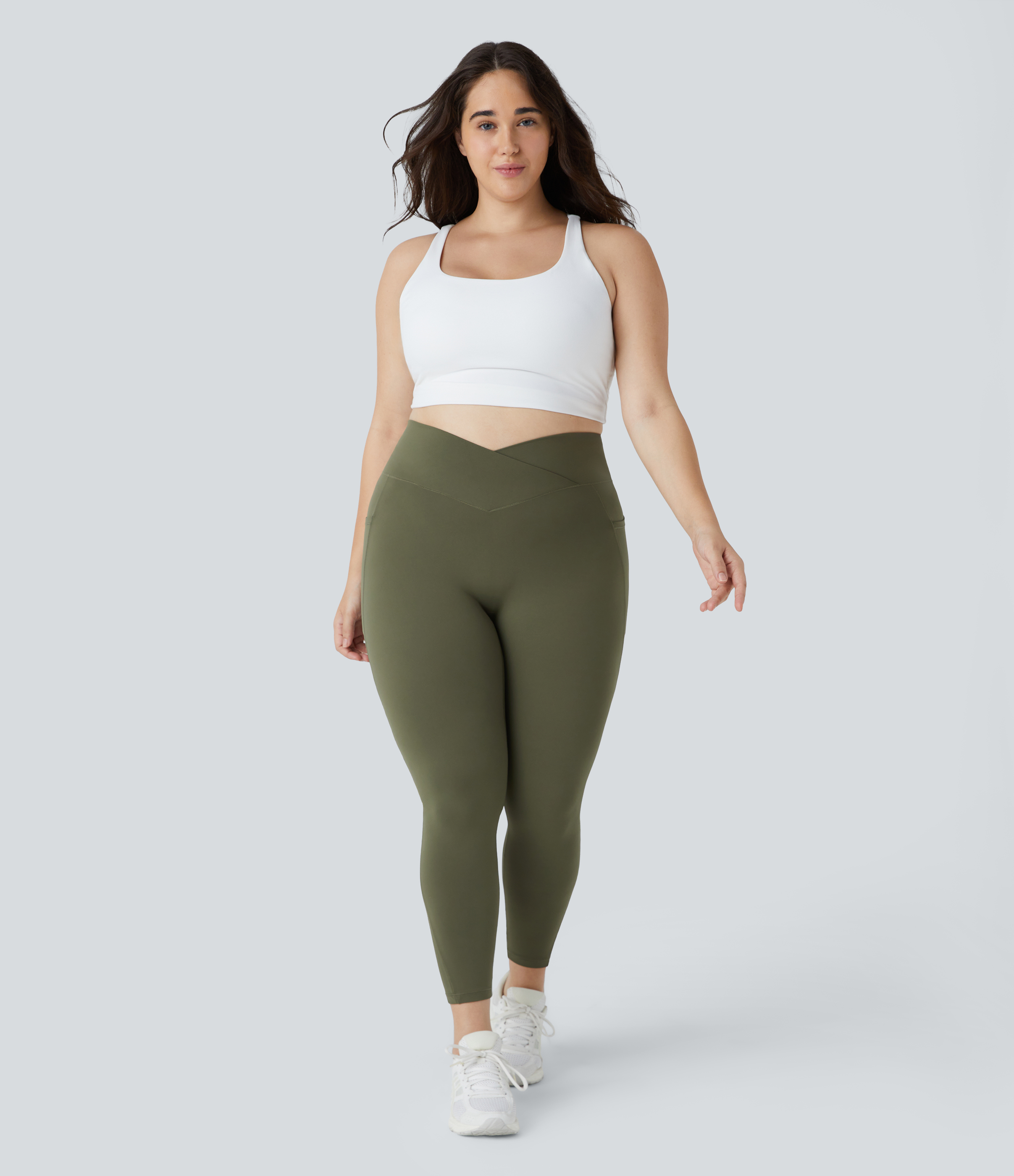 Halara Cloudfulв„ў Fabric High Waisted Crossover Side Pocket Plain Plus Size Full Length Leggings  - Grass Grey Green - 1X 