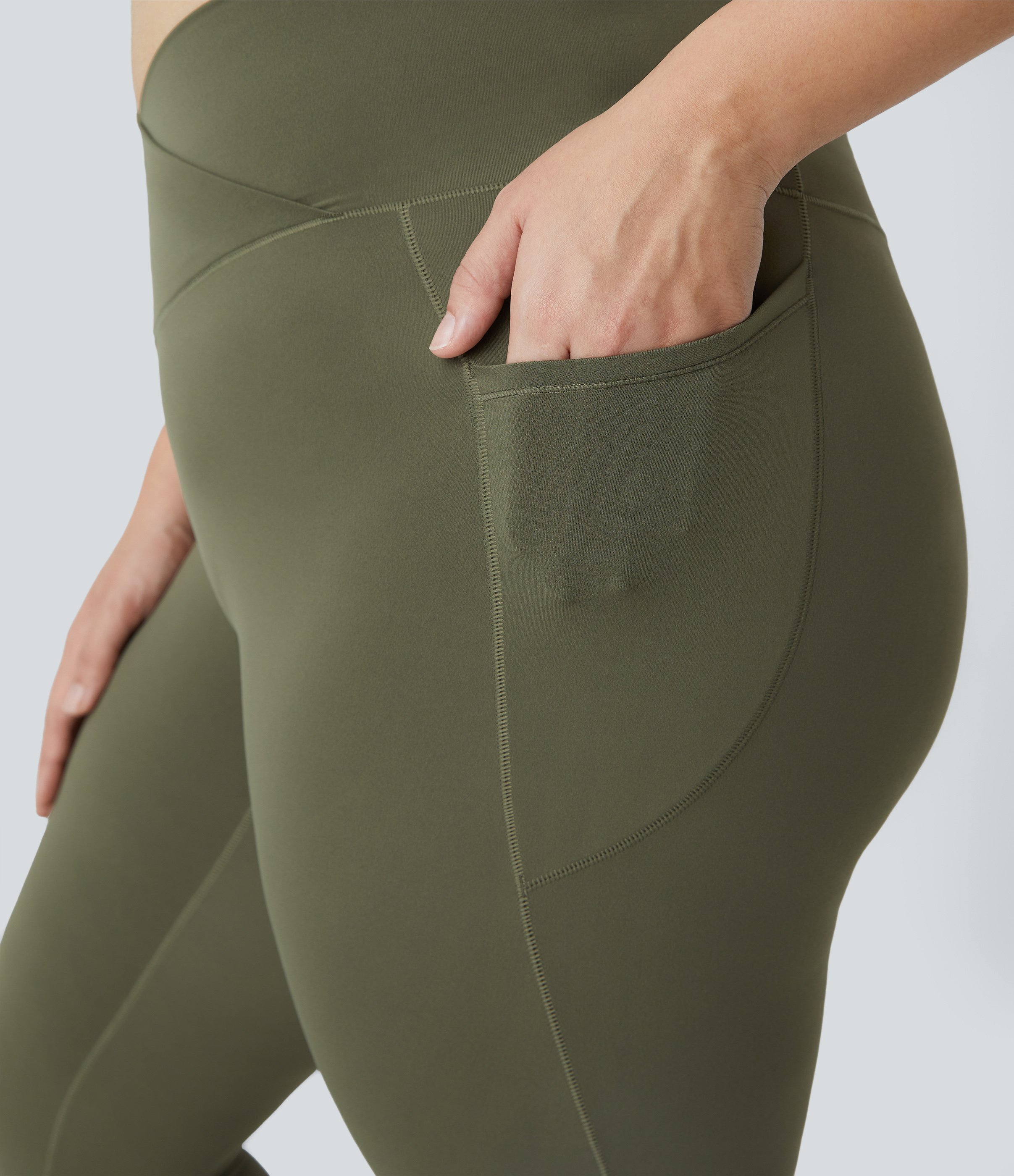 Halara Cloudfulв„ў Fabric High Waisted Crossover Side Pocket Plain Plus Size Full Length Leggings  - Grass Grey Green - 1X 