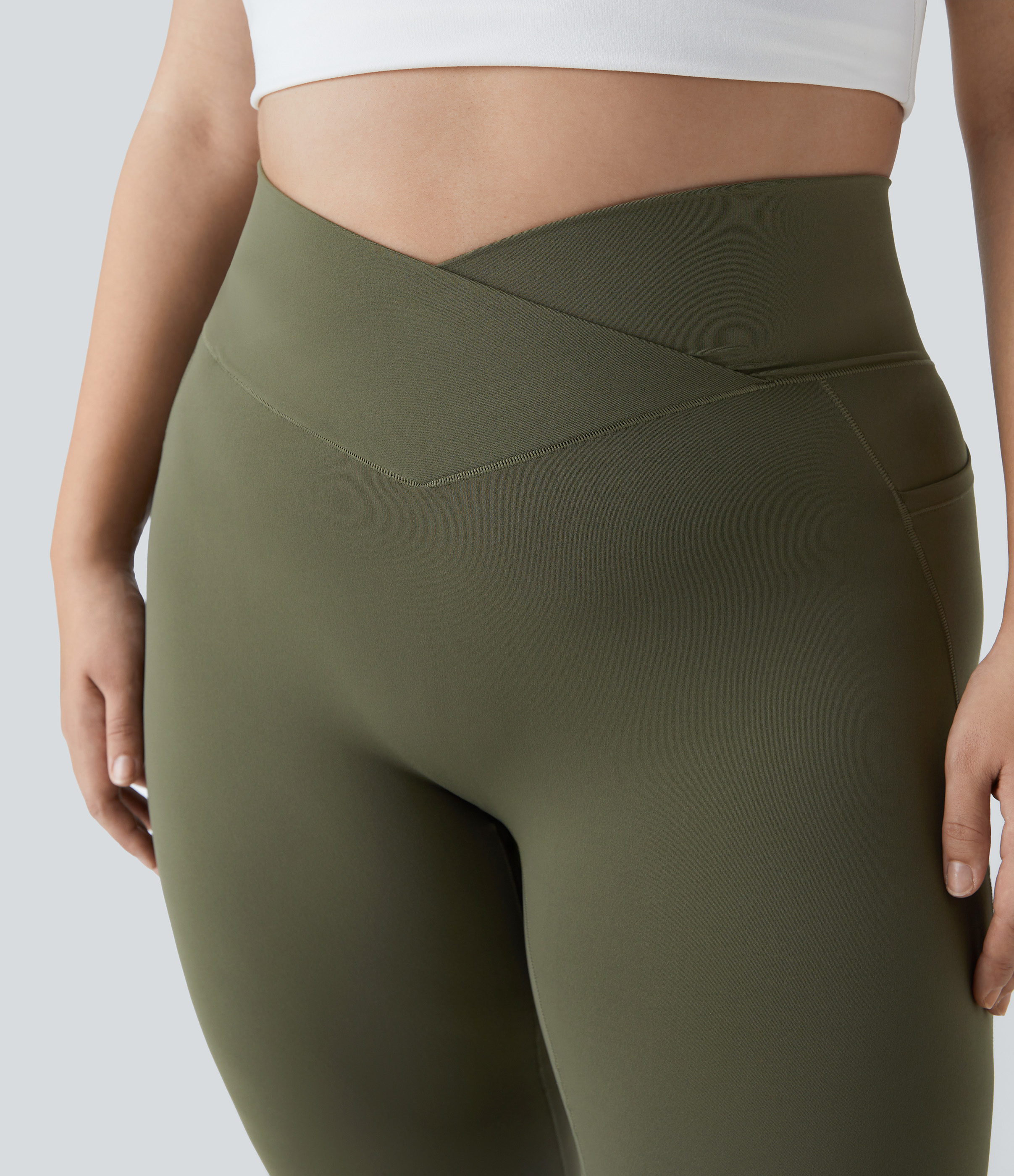 Halara Cloudfulв„ў Fabric High Waisted Crossover Side Pocket Plain Plus Size Full Length Leggings  - Grass Grey Green - 1X 