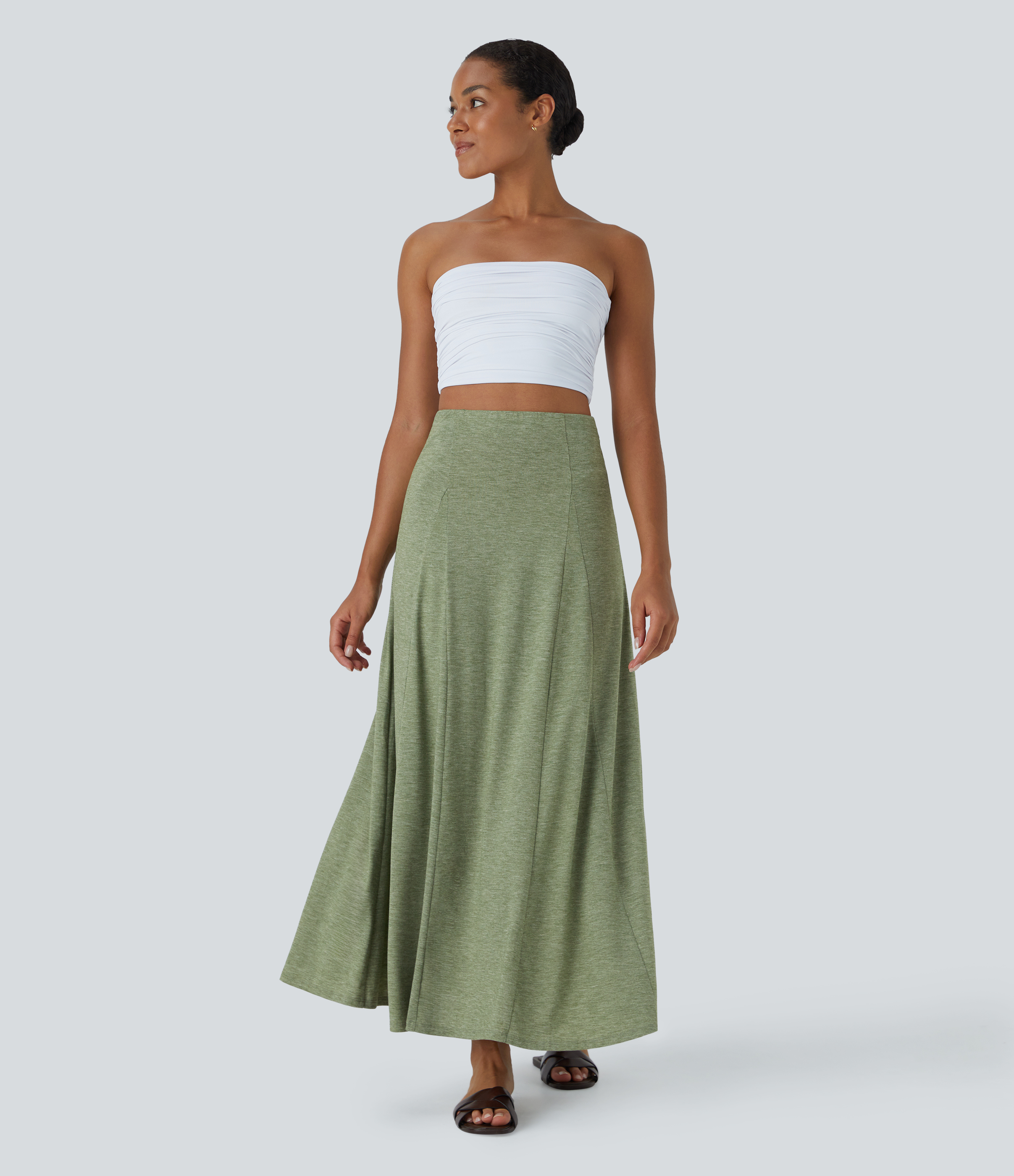 Halara High Waisted Side Zipper Maxi Casual Flare Skirt  - Light Green Floral Yarn - XL(regular) 