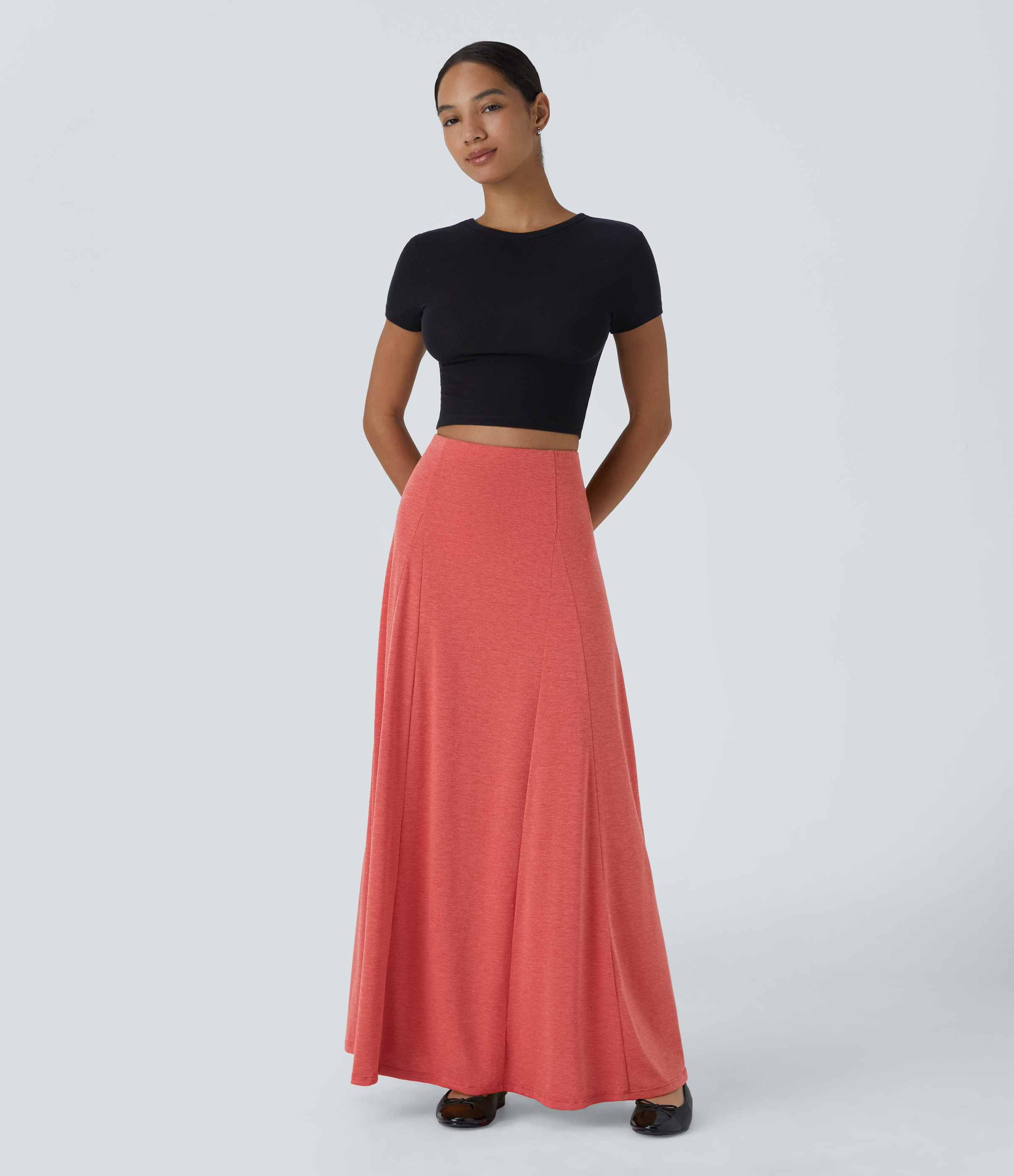 Halara High Waisted Side Zipper Maxi Casual Flare Skirt  - Poinsettia Floral Yarn - S(regular) 