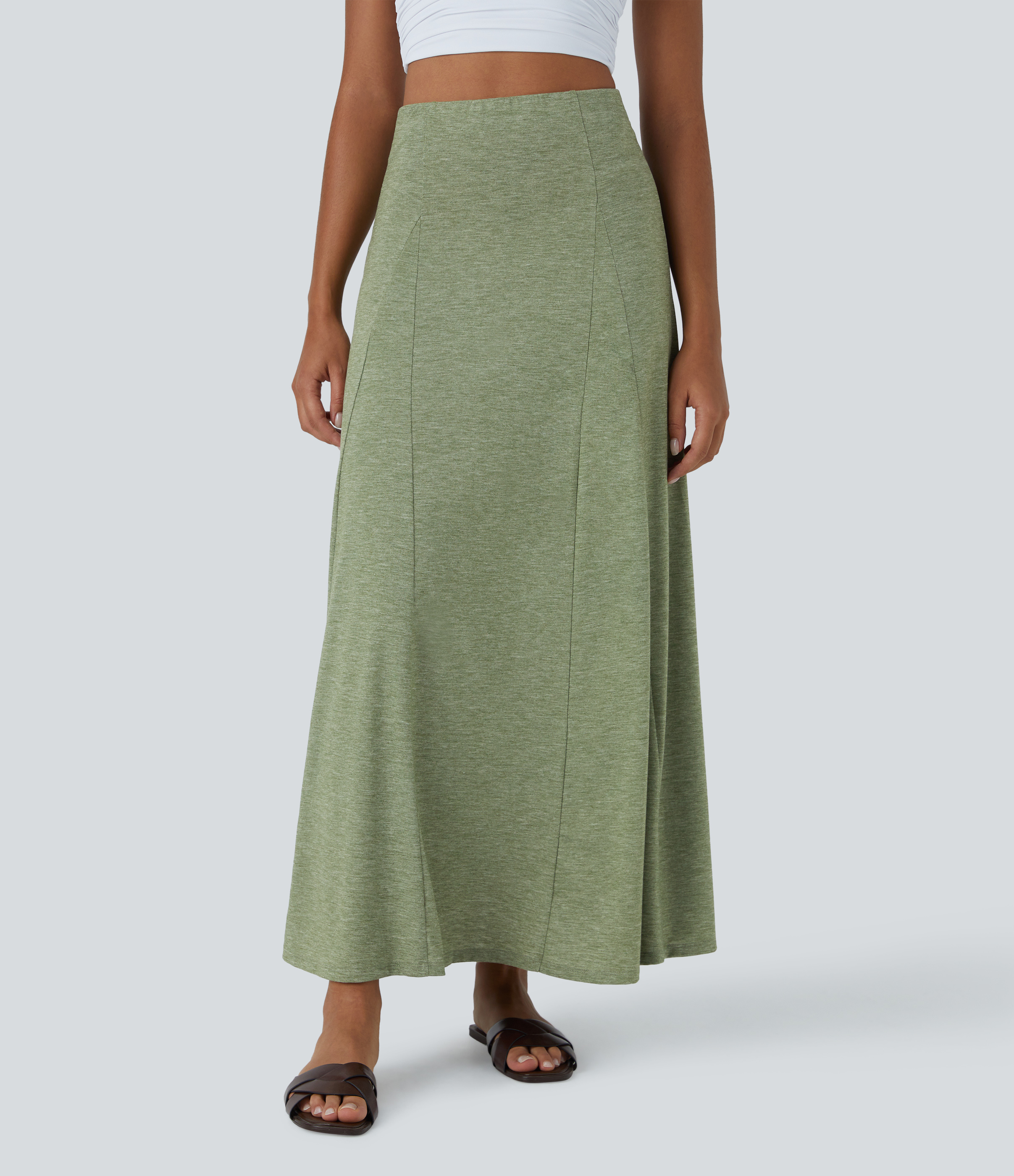 Halara High Waisted Side Zipper Maxi Casual Flare Skirt  - Light Green Floral Yarn - XL(regular) 