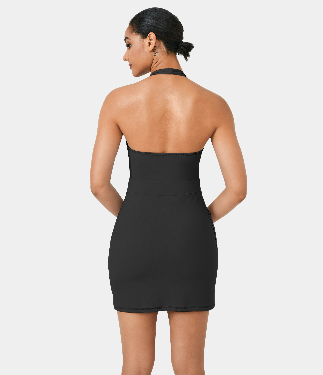 

Halara Halter Backless Pocket Split Hem Mini Yoga Active Dress Workout Dress - Black