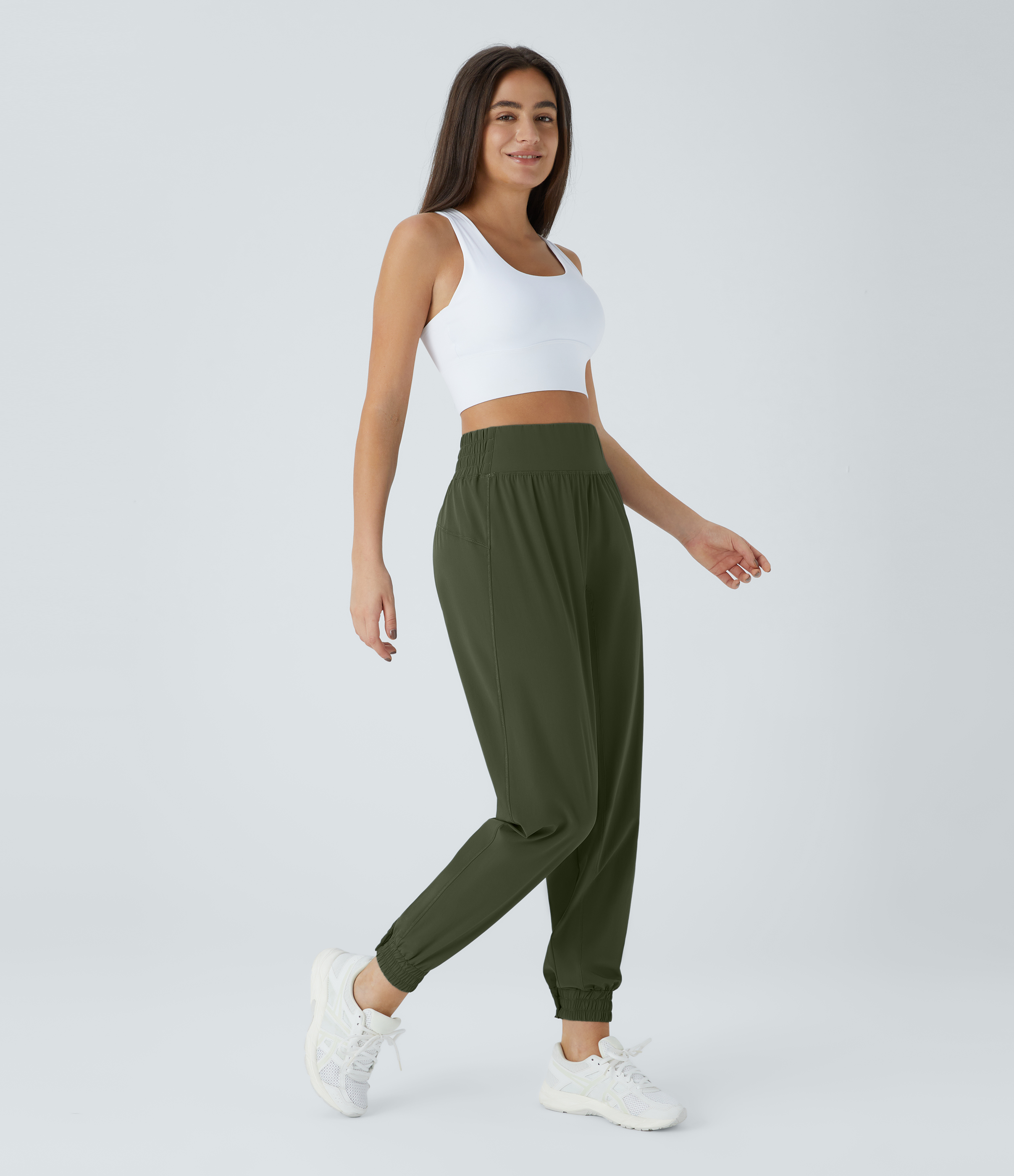 Halara High Waisted Elastic Waistband Casual Joggers  - Icy Bamboo Green - M(petite) 